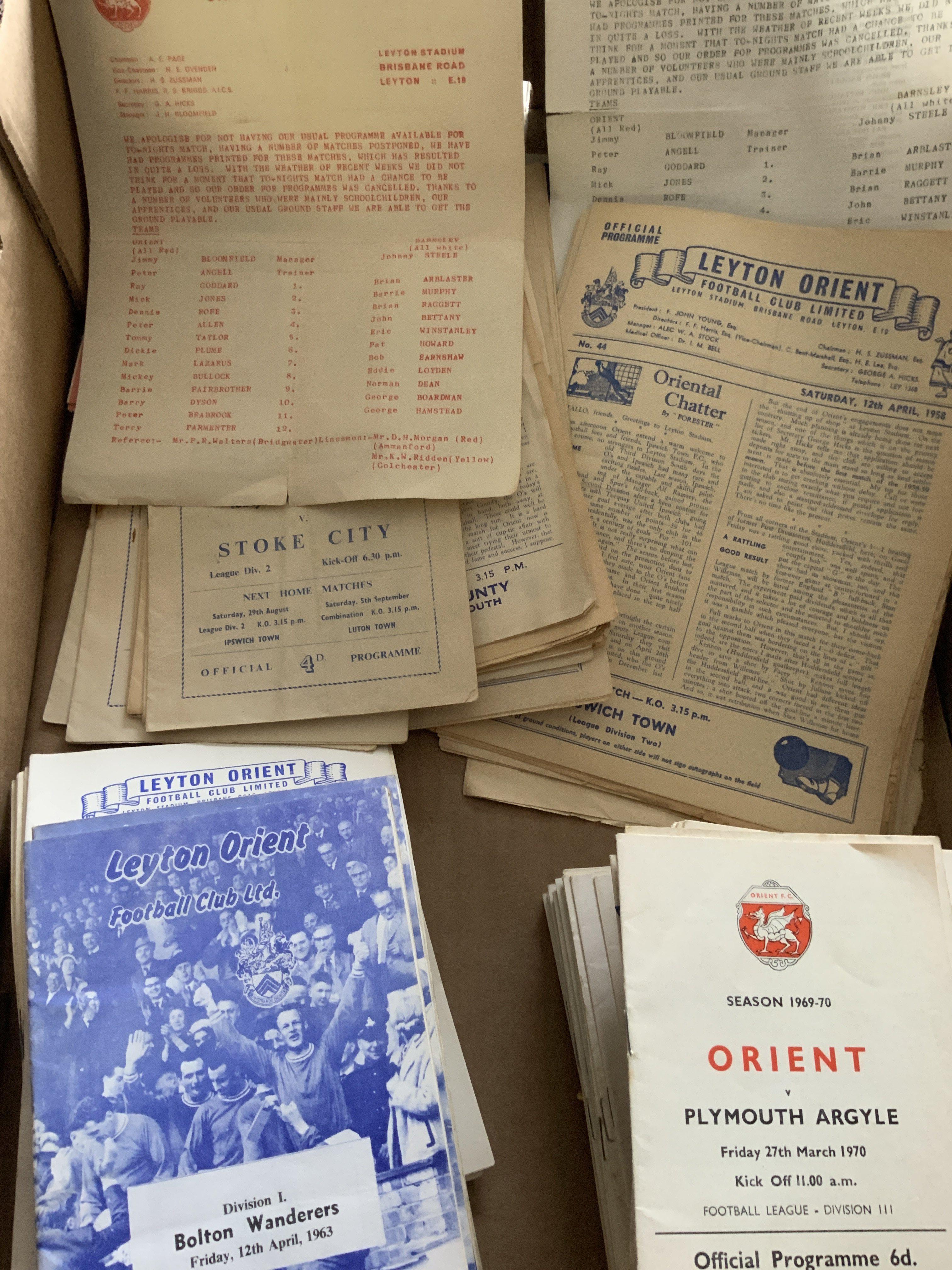 Leyton Orient Home Football Programmes: Over 60 from the 50s to include a set from 59/60 plus 5 complete or near complete sets from the 60s. In total around 350 from the 60s plus some early 70s. Instructions to sell. Mainly good. (est 450)