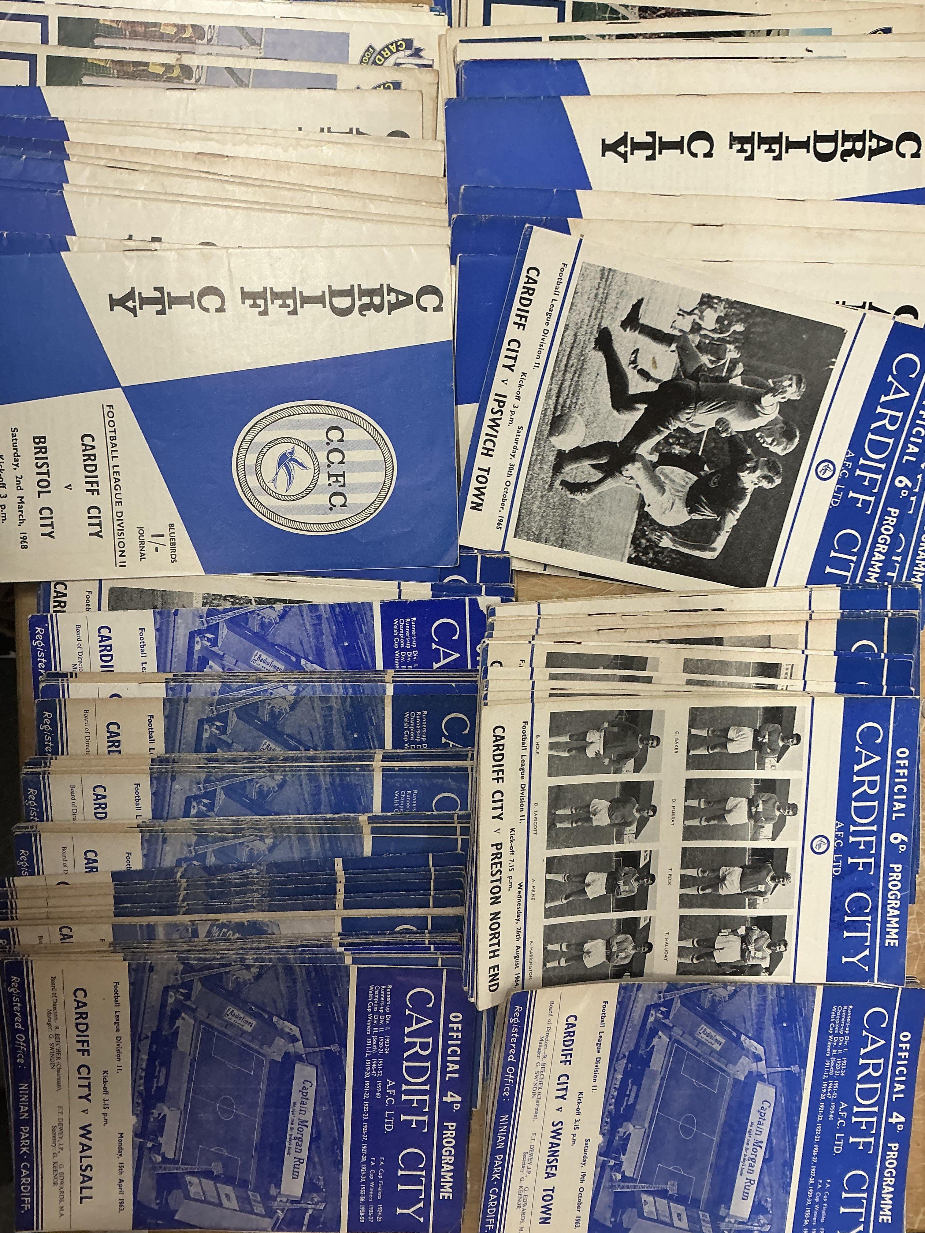 Cardiff City Home Football Programmes: 12 from the 50s plus 6 complete or near complete sets from the 60s. In total around 250 from the 60s plus some early 70s. Instructions to sell. Very good. (est 300)