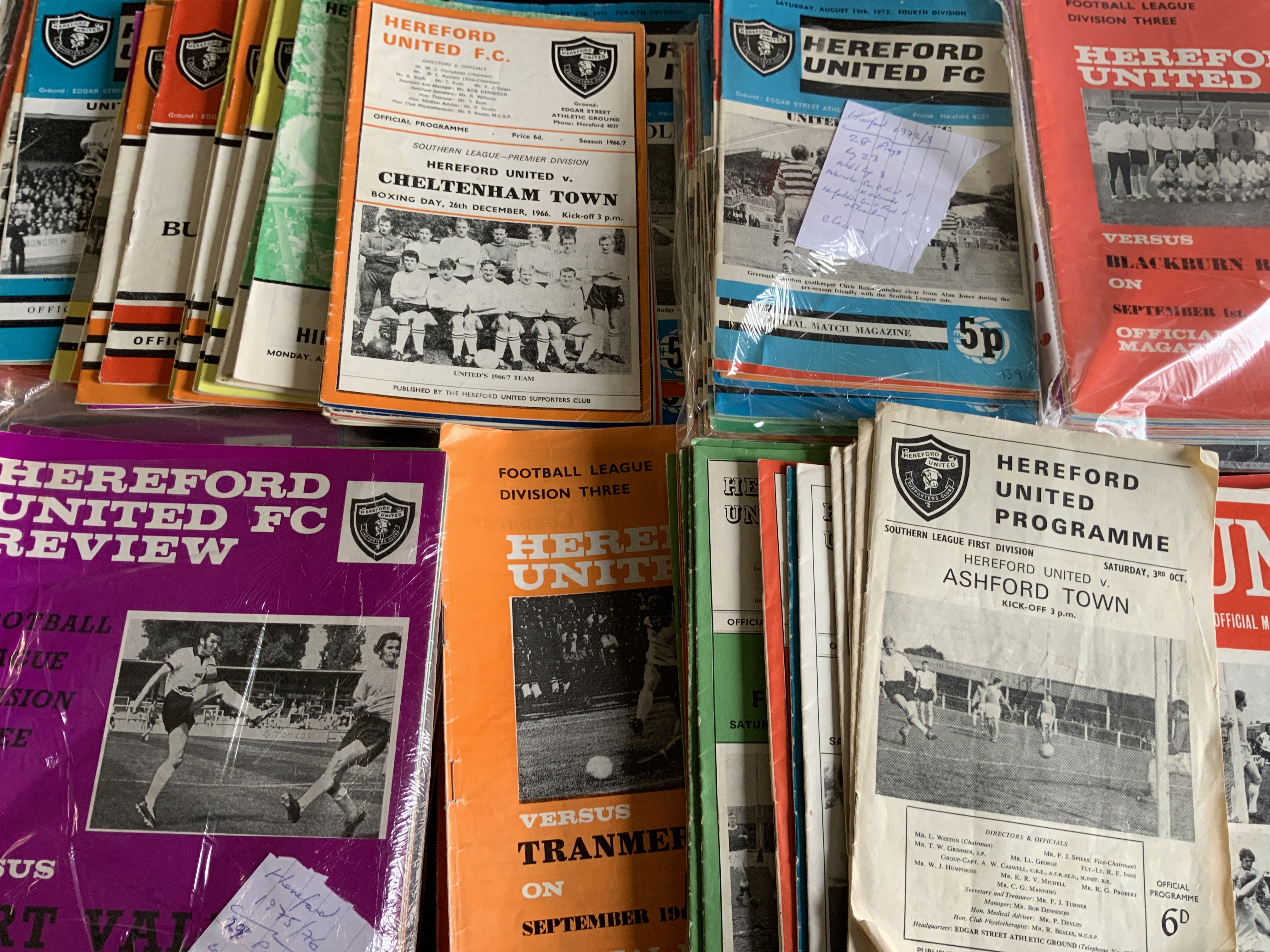 Hereford United Home Football Programmes: Over 40 from the late Southern League days then from 72/73 to the late 70s there are around 180. Instructions to sell. Very good. (est 220)