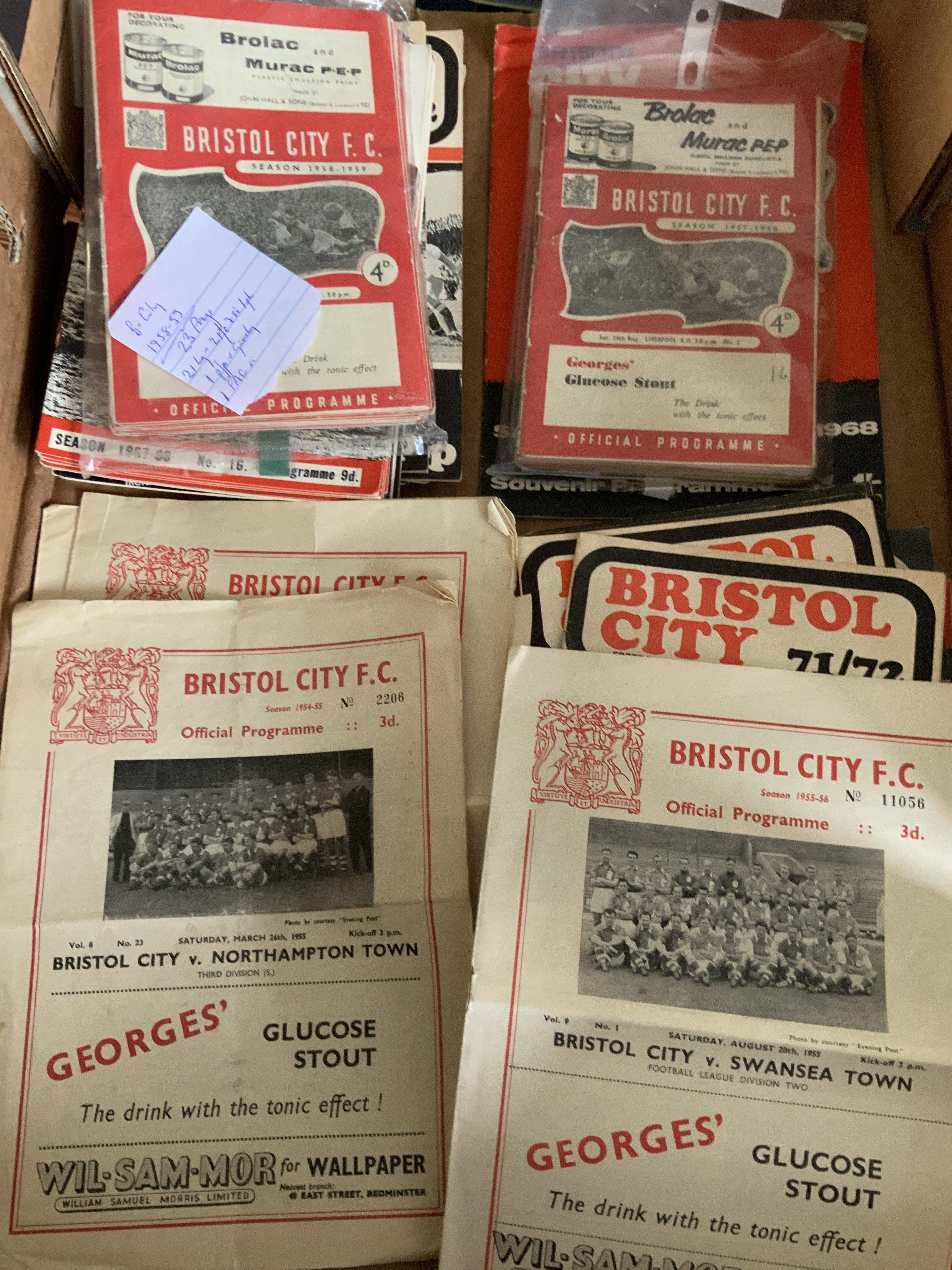 Bristol City Home Football Programmes: Near complete or complete sets from 56/57 57/58 58/59 and 60/61. In total over 100 from the 50s and 170 from the 60s plus some early 70s. Instructions to sell. Very good. (est 200+)