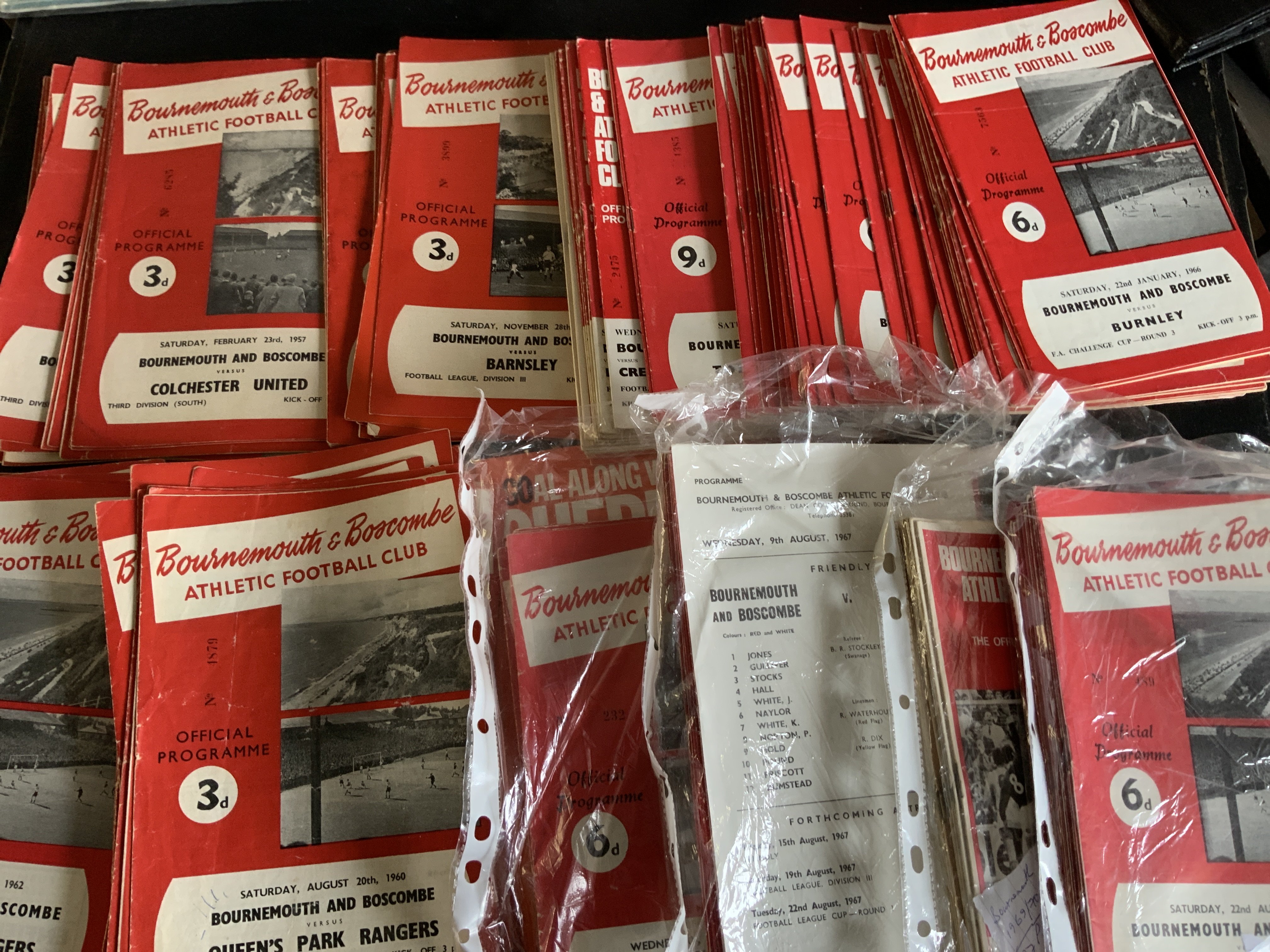 Bournemouth Home Football Programmes: 27 from the 50s plus 4 near complete or complete sets from the 60s. In total around 170 from the 60s plus some early 70s. Instructions to sell. Very good. (est 230+)