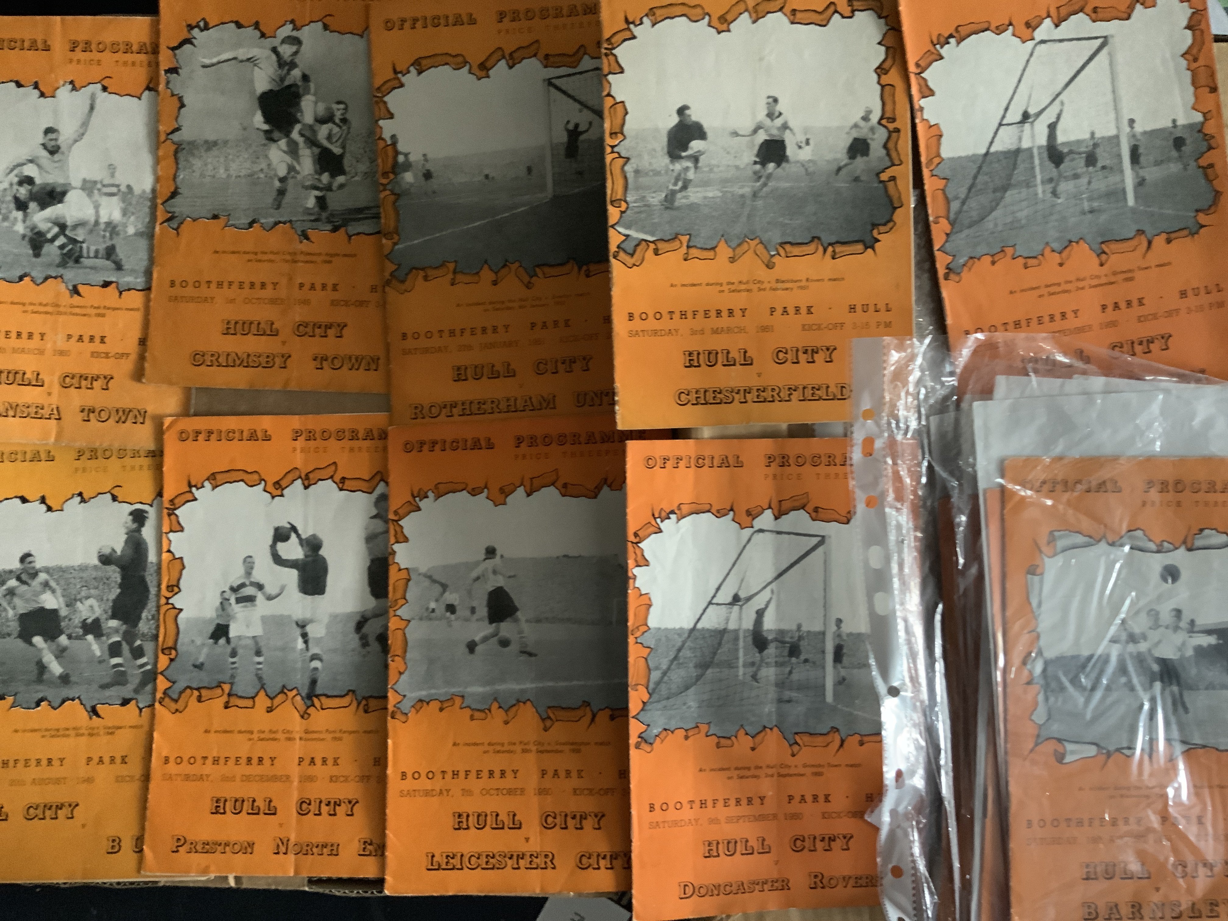 Hull City Home Football Programmes: 49/50 x 3, 50/51 x 6, 51/52 x 23, 52/53 x 23, 53/54 x 9, 54/55 x 7, 55/56 x 3 and 4 from 56/57 to 57/58. Majority good. (80)