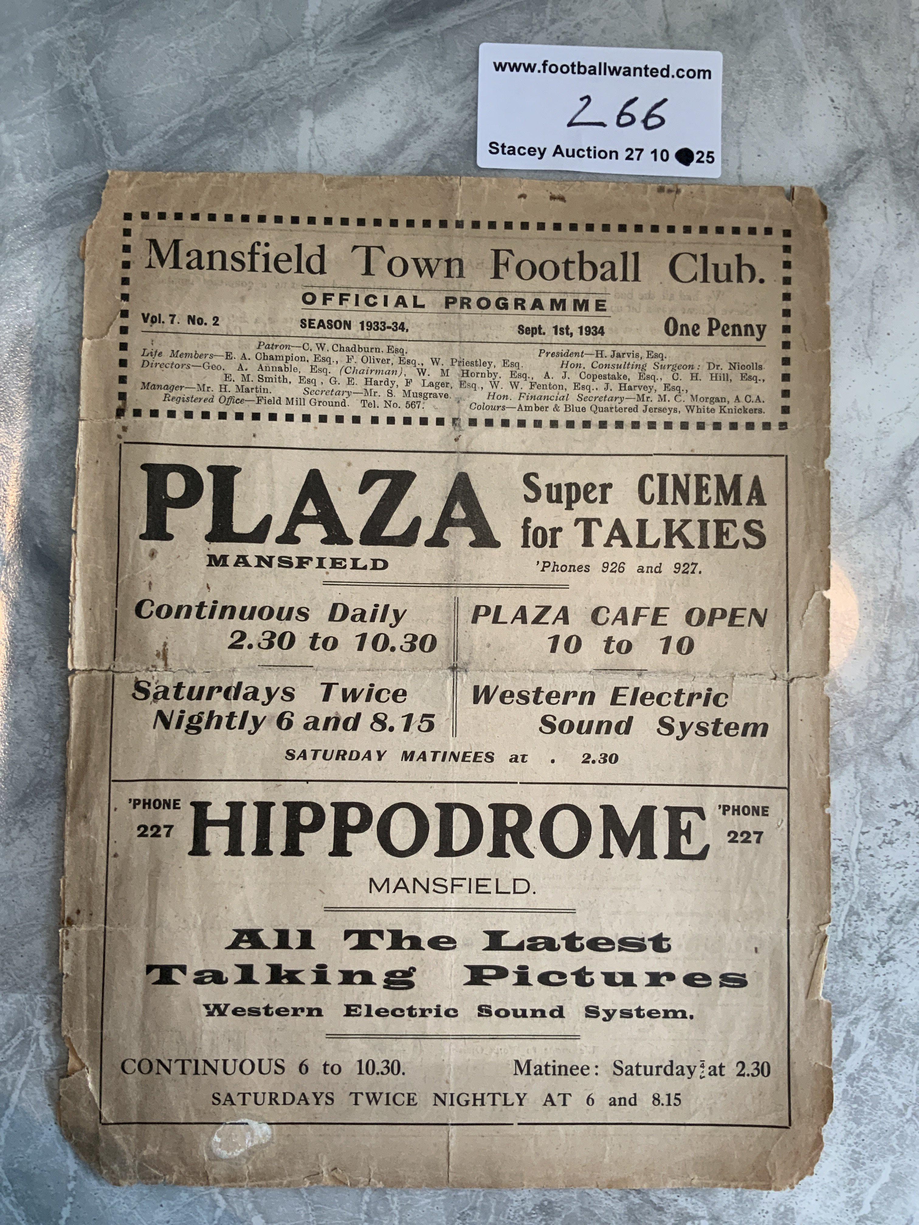 33/34 Mansfield Town v Rotherham Football Programme: 4 pager is poor with tears and some pieces missing to border not affecting any text. No team changes.