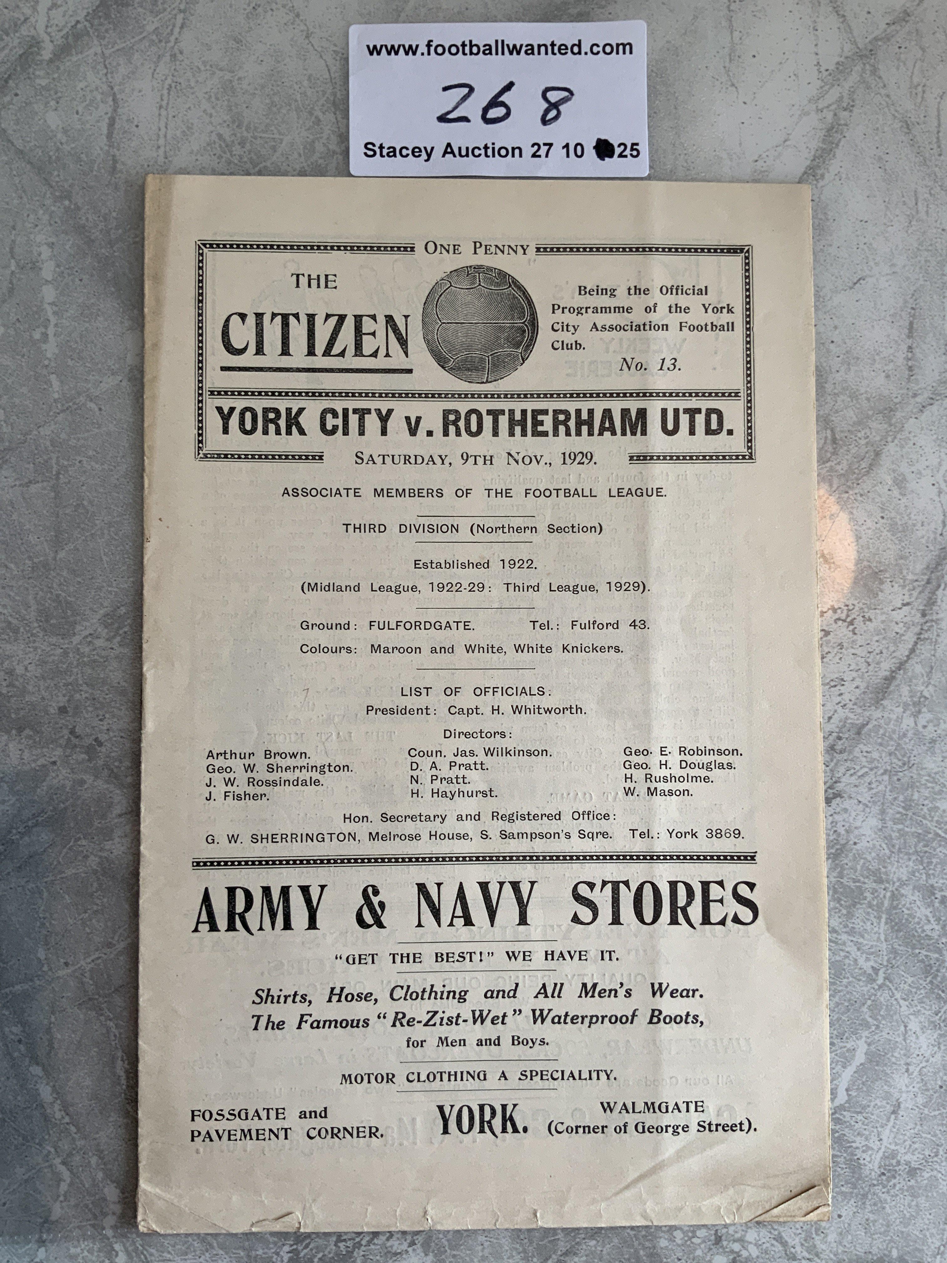 1929 - 1930 York City v Rotherham Football Programme: Good condition division 3 league match with no team changes.