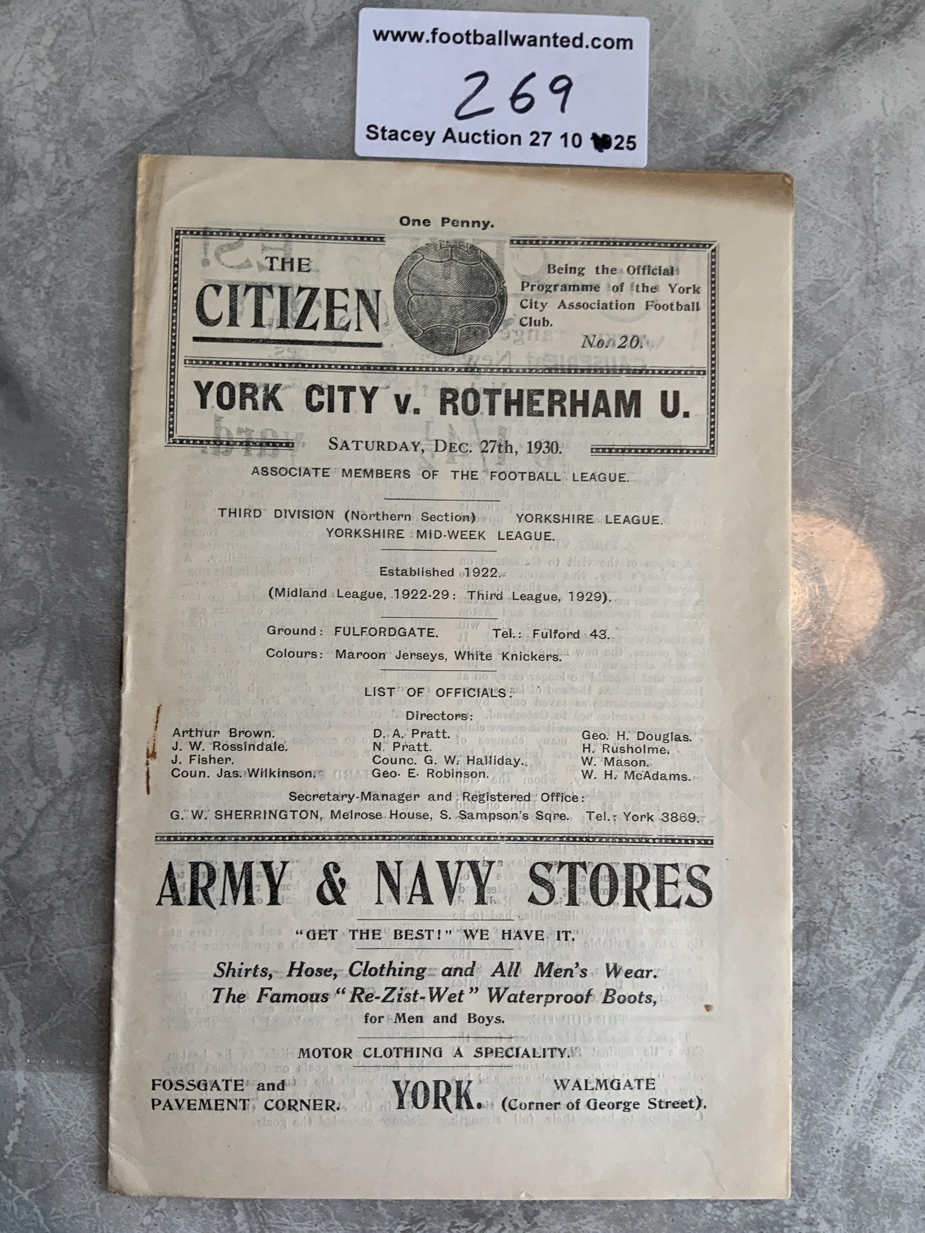 1930 - 1931 York City v Rotherham Football Programme: Good condition division 3 league match with no team changes.
