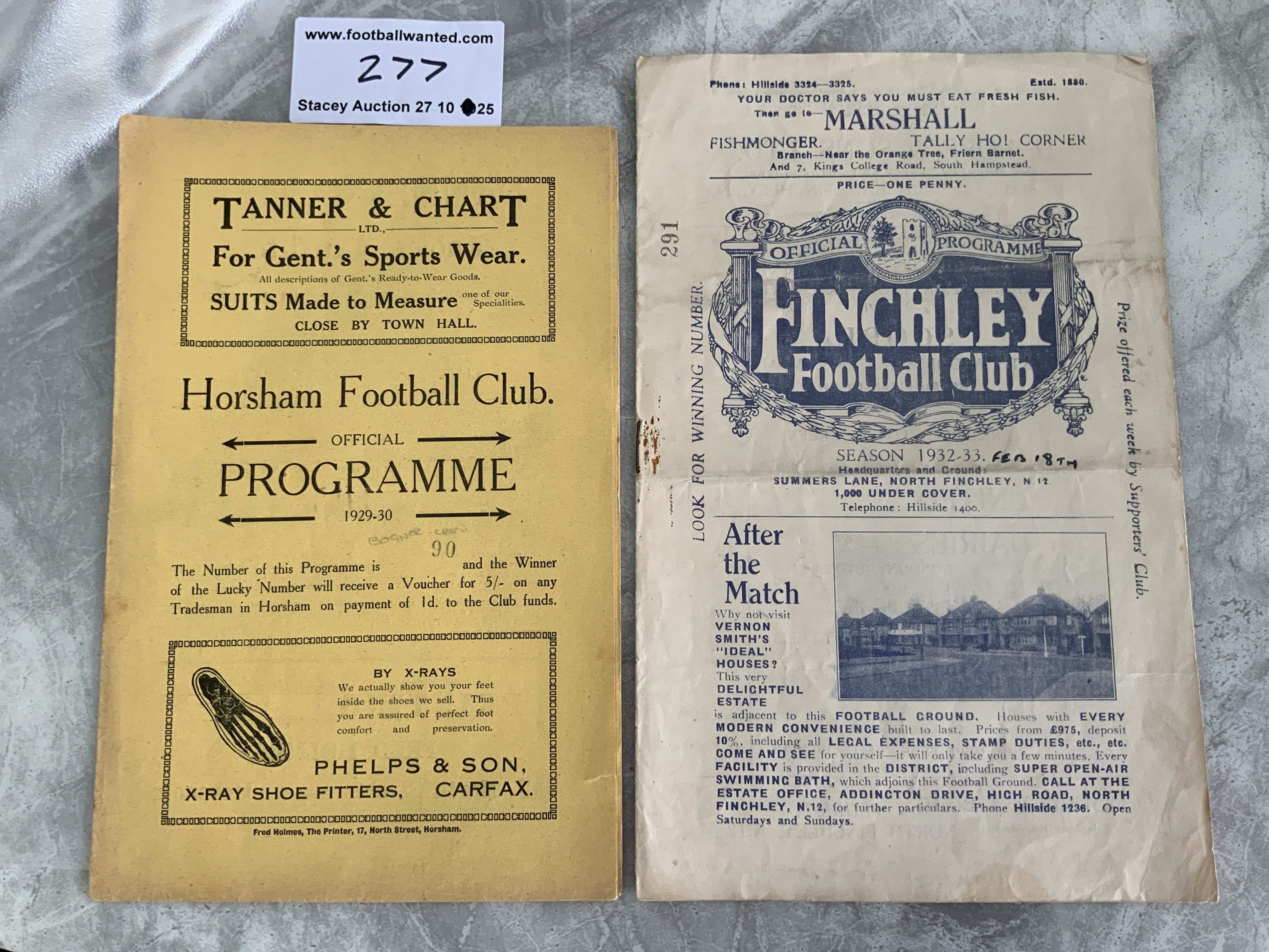 Horsham + Finchley Pre War Football Programmes: 29/30 Horsham A v Bognor A Team and 32/33 Finchley Reserves v North Met semi final for the Middlesex Intermediate Cup with date written. Good condition first team programmes with no team changes. (2)