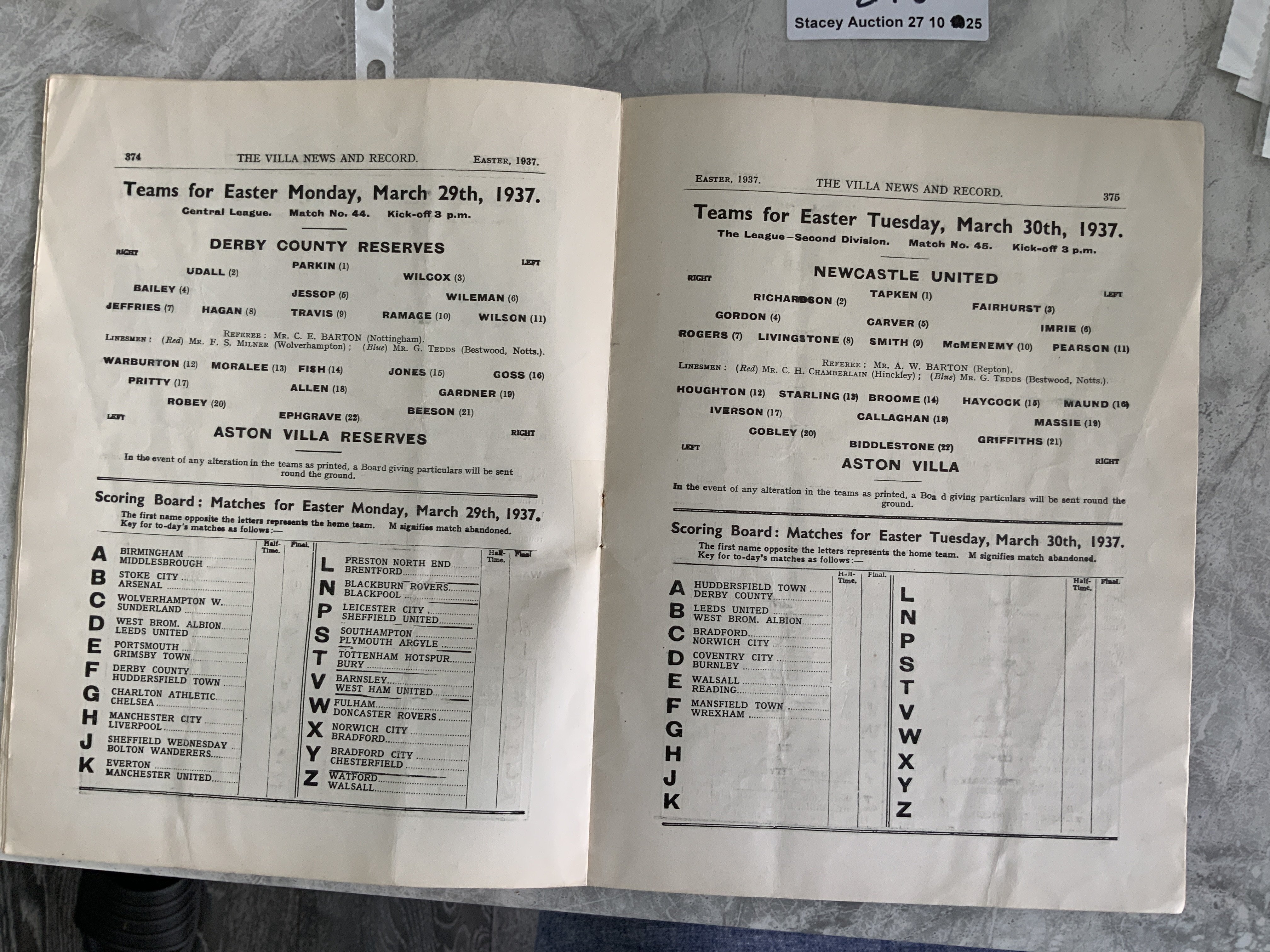 36/37 Aston Villa v Newcastle United Football Programme: Second division match in very good condition with no team changes.