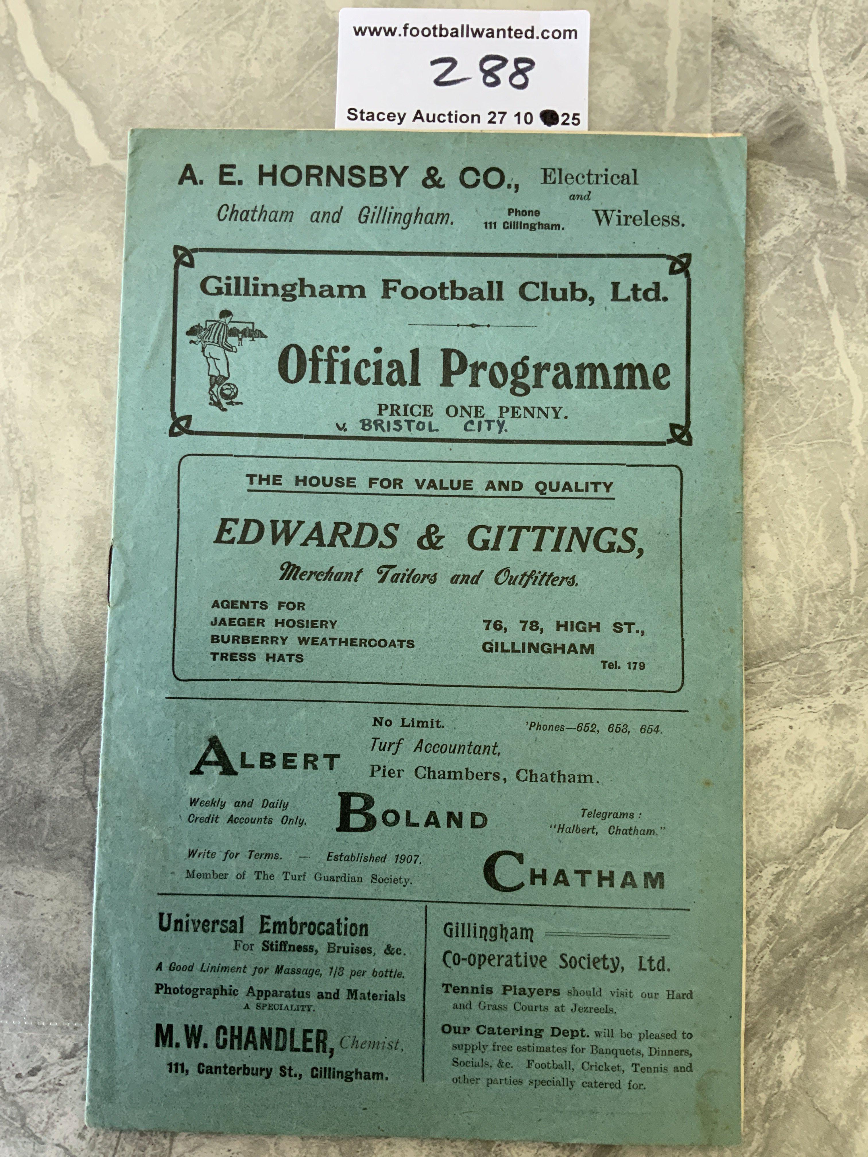 1926 - 1927 Gillingham v Bristol City Football Programme: Very good condition division three programme with no team changes. Score and scorers noted inside and the word Bristol City neatly written to cover.