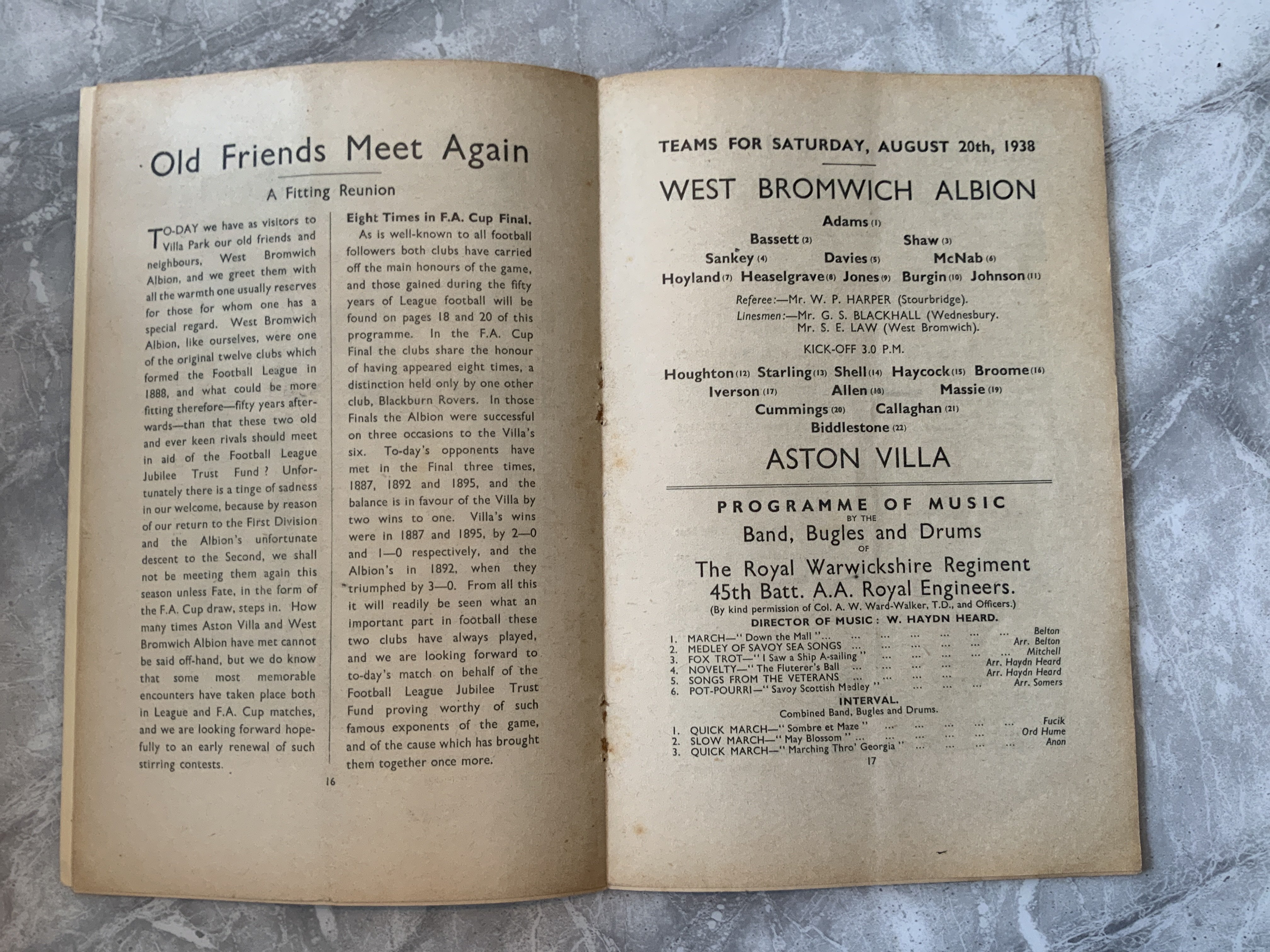 1938 West Brom v Aston Villa Jubilee Football Programme: Excellent condition 34 page Jubilee programme with no team changes. Staple removed not rotted away. Standard brown cover that was used for all local derby friendlies in August 1938.