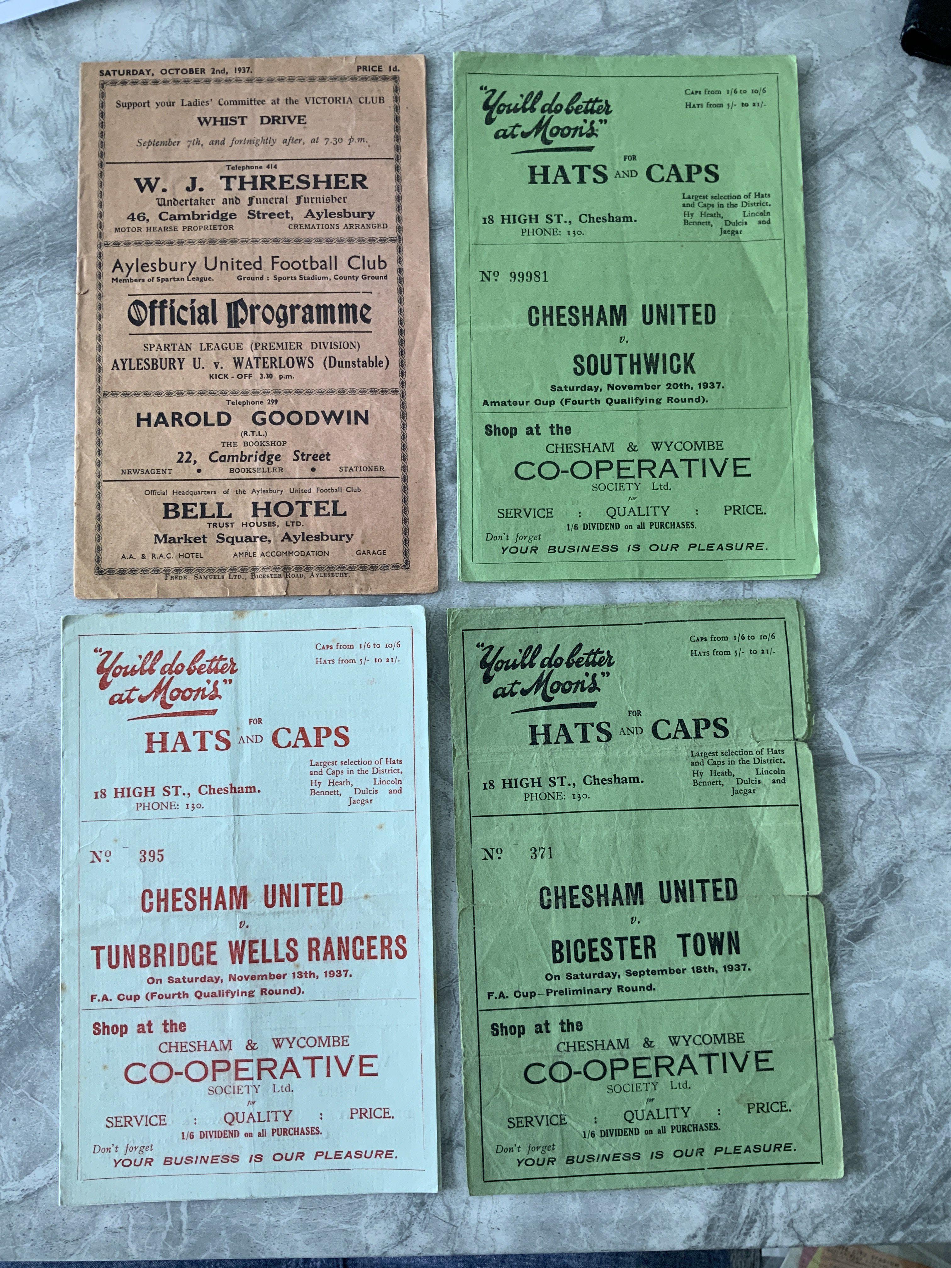 37/38 Non League Football Programmes: Chesham United v Tunbridge Wells good, Bicester poor, both FA Cup qualifying, Southwark Amateur Cup qualifying good. C/W Aylesbury v Waterlows ( Dunstable ) and Windsor v Hitchin staple rusted away. Fair/good. (5)