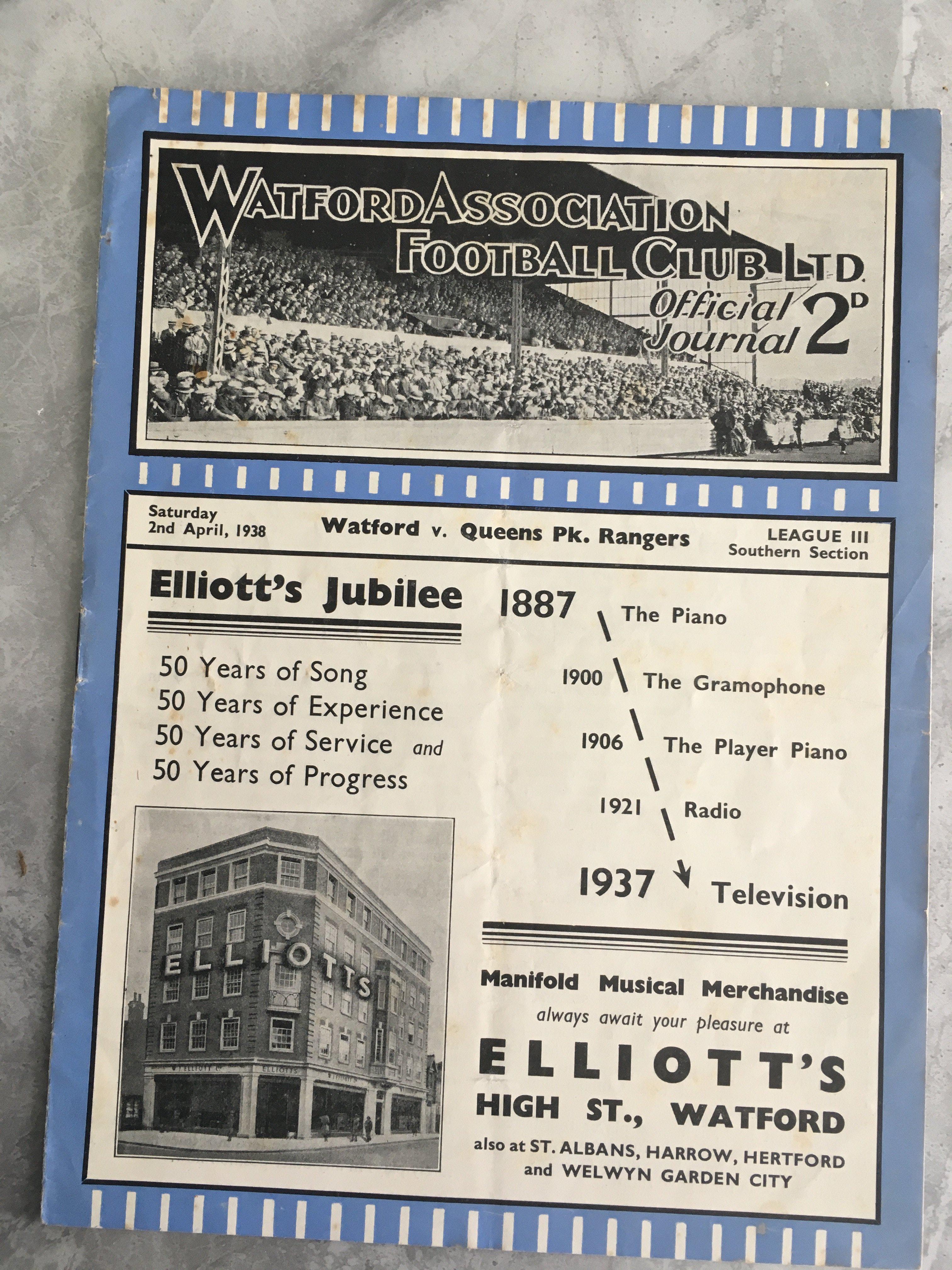 37/38 Watford v QPR Football Programme: Good condition Division 3 South match with team changes.