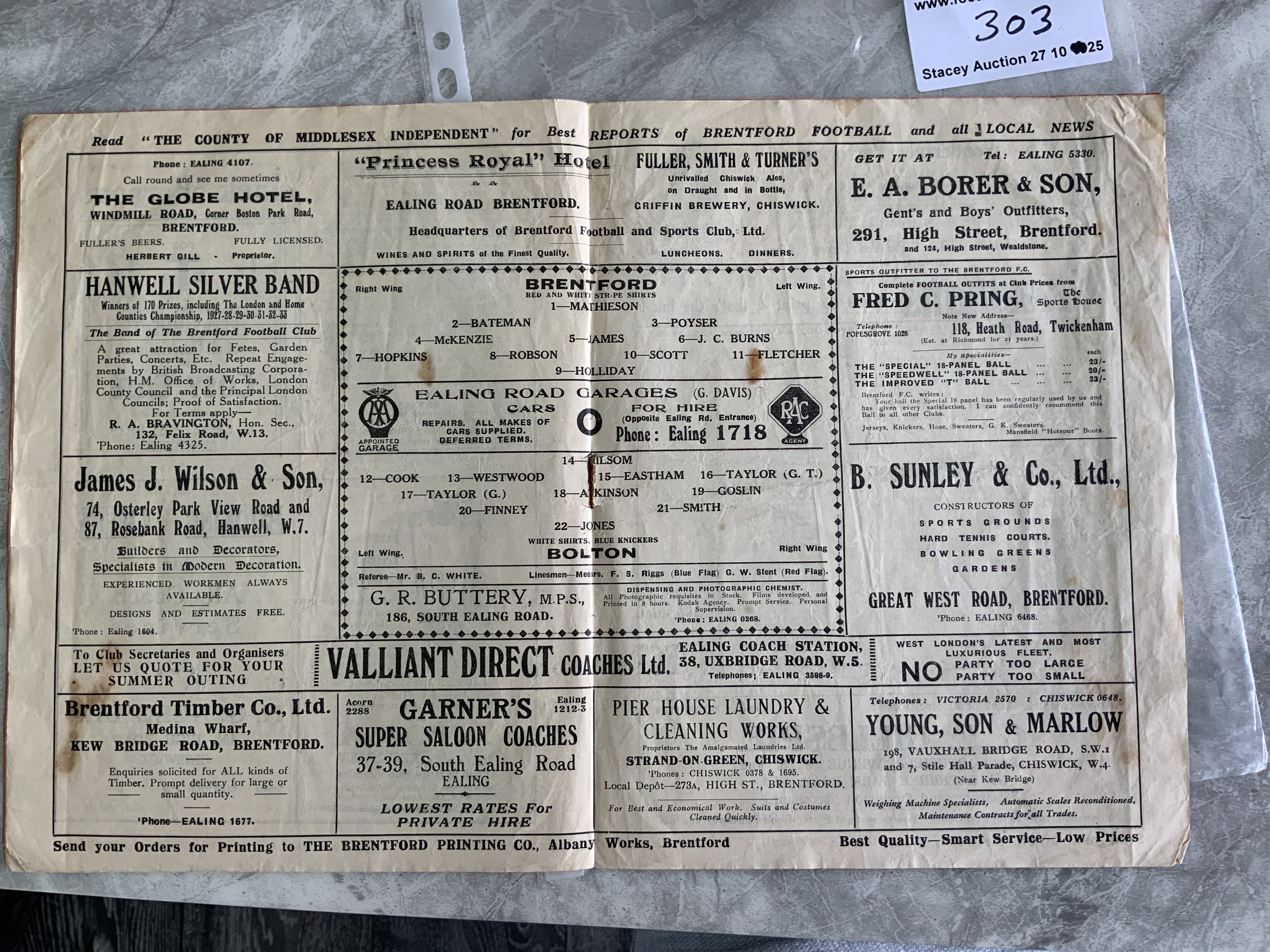 34/35 Brentford v Bolton Football Programme: Fair condition league match with no team changes. Staple removed and a few marks inside.