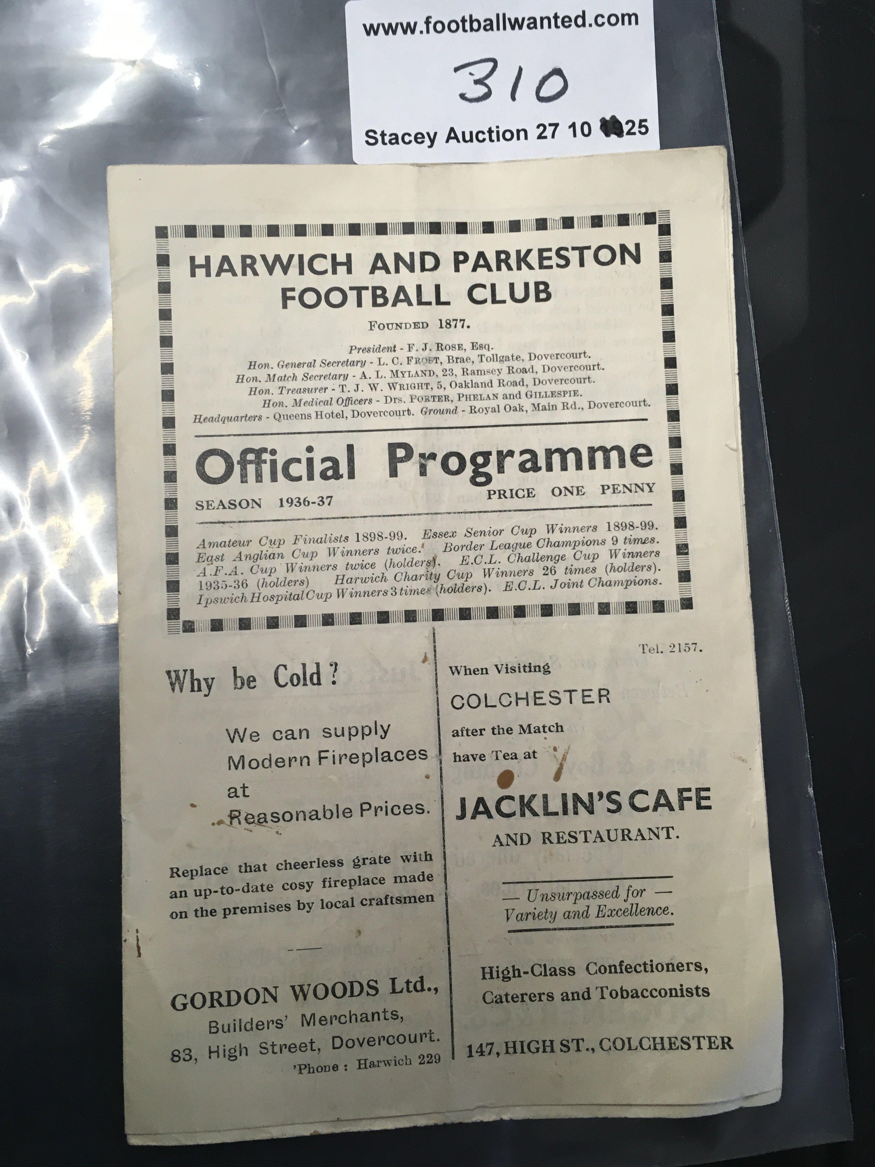 36/37 Harwich + District v Norwich Football Programme: English Schools match in good condition with no team changes. Instructions to sell.