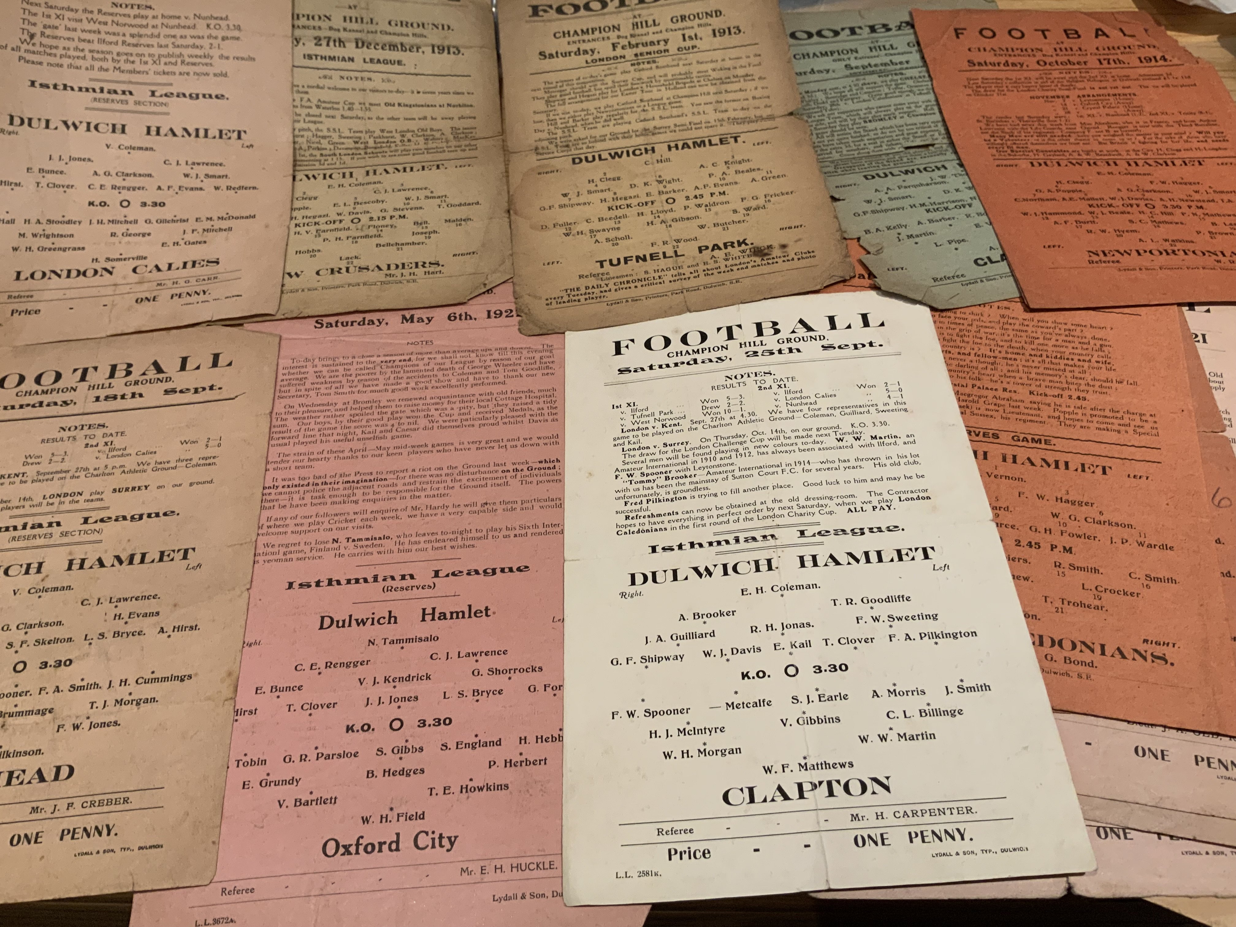 Dulwich Hamlet Antique Football Programmes: Large collection of home programmes all at least 100 years old. Lots of Isthmian League plus Surrey Senior Cup, FA Cup Qualifying, London Charity Cup, London Intermediate Cup. Opponents include Clapton, Ilford, Wycombe Wanderers, Oxford City, West Norwood, Tufnell Park and many more. All programmes except one are between 1912 and 1925. Some are reserves. Although there are some good condition programmes they are poor/fair overall. (70+)