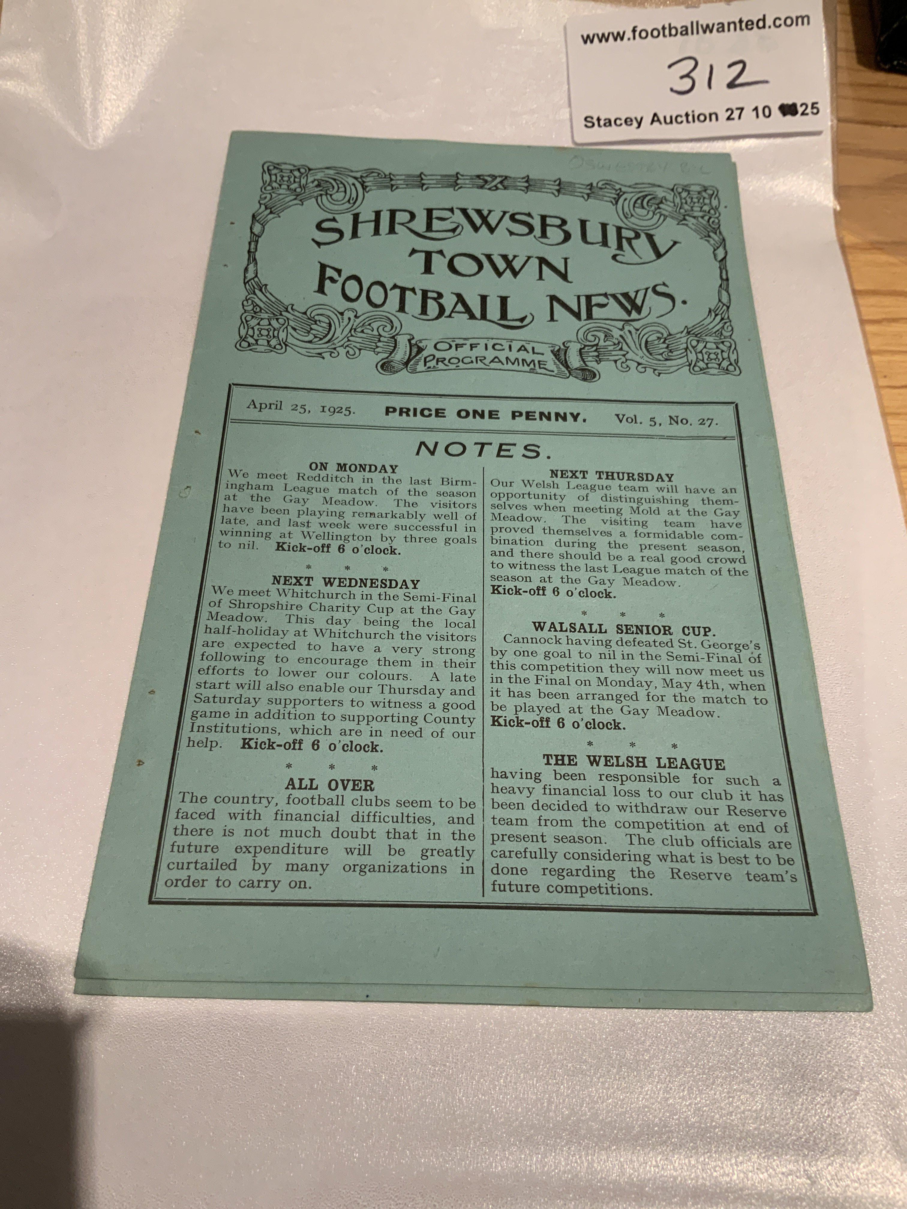 1924 - 1925 Shrewsbury Town v Oswestry Football Programme: First team match in the Birmingham League in very good condition with no team changes. Staples removed not rotted away.