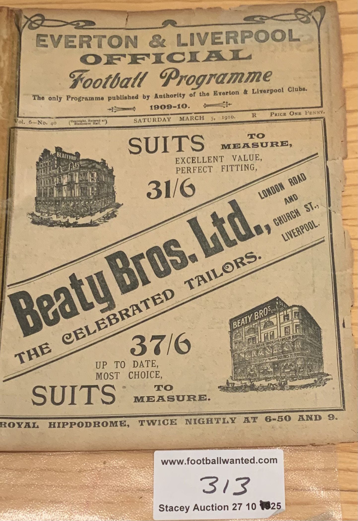 1910 Liverpool Senior Cup Final Programme: Everton v Liverpool which was a reserve team fixture. Ex bound with covers with tape to spine and slight paper loss to border not affecting any text. Dated 5 3 1910 with no team changes.