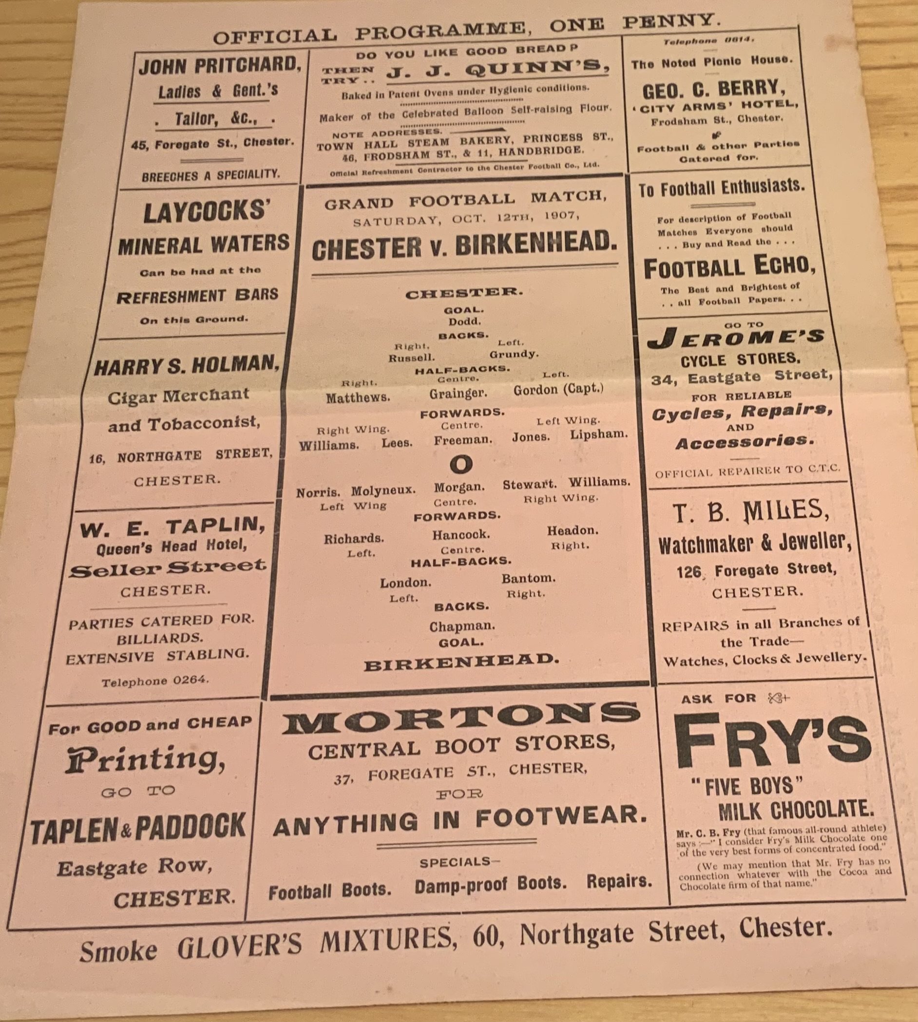 1907 - 1908 Chester v Birkenhead Football Programme: Excellent condition league match with no team changes. Dated 12 10 2007 at an original cost of one penny.