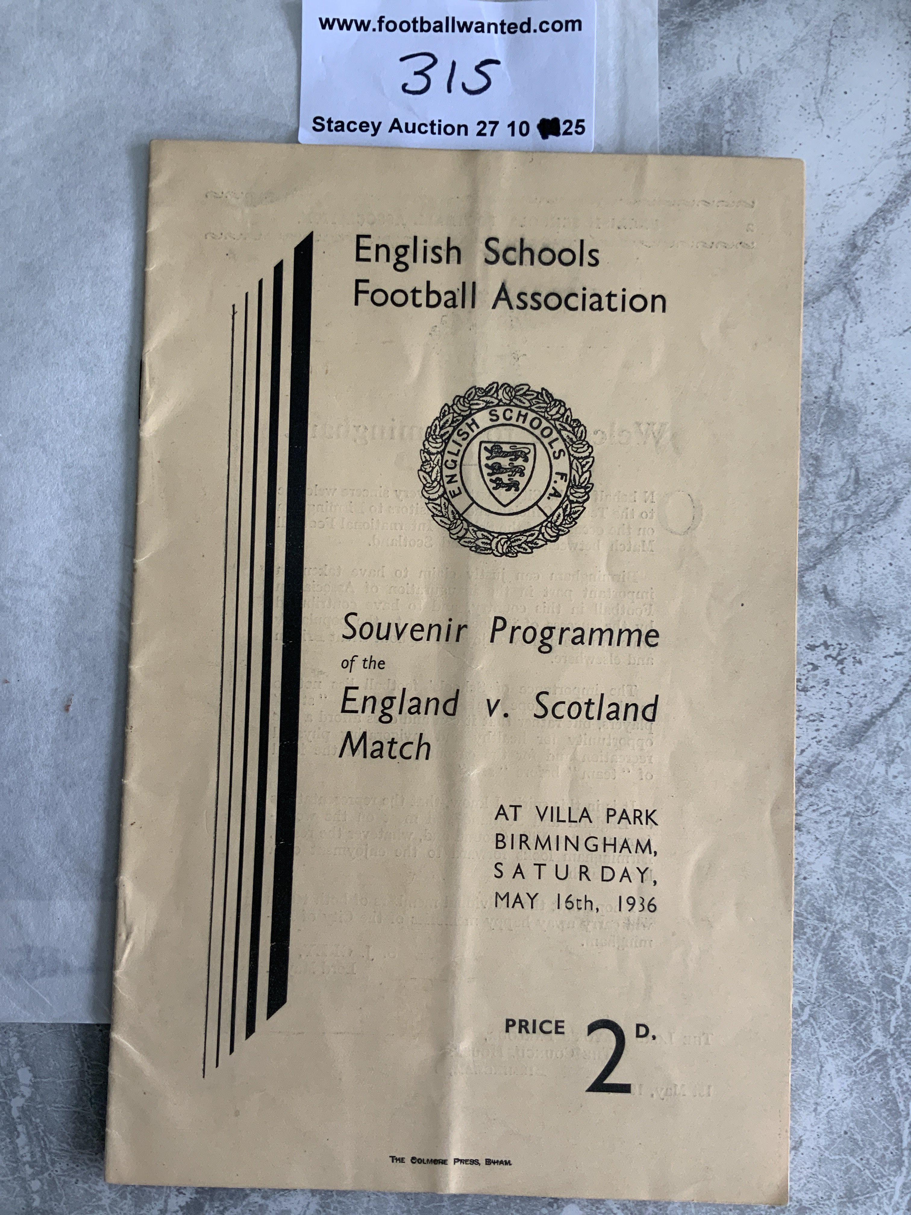 1936 England v Scotland Schools Football Programme: Played at Aston Villa this 16 page programme is very good with no team changes although light fold. Some great young players including Len Shackleton.