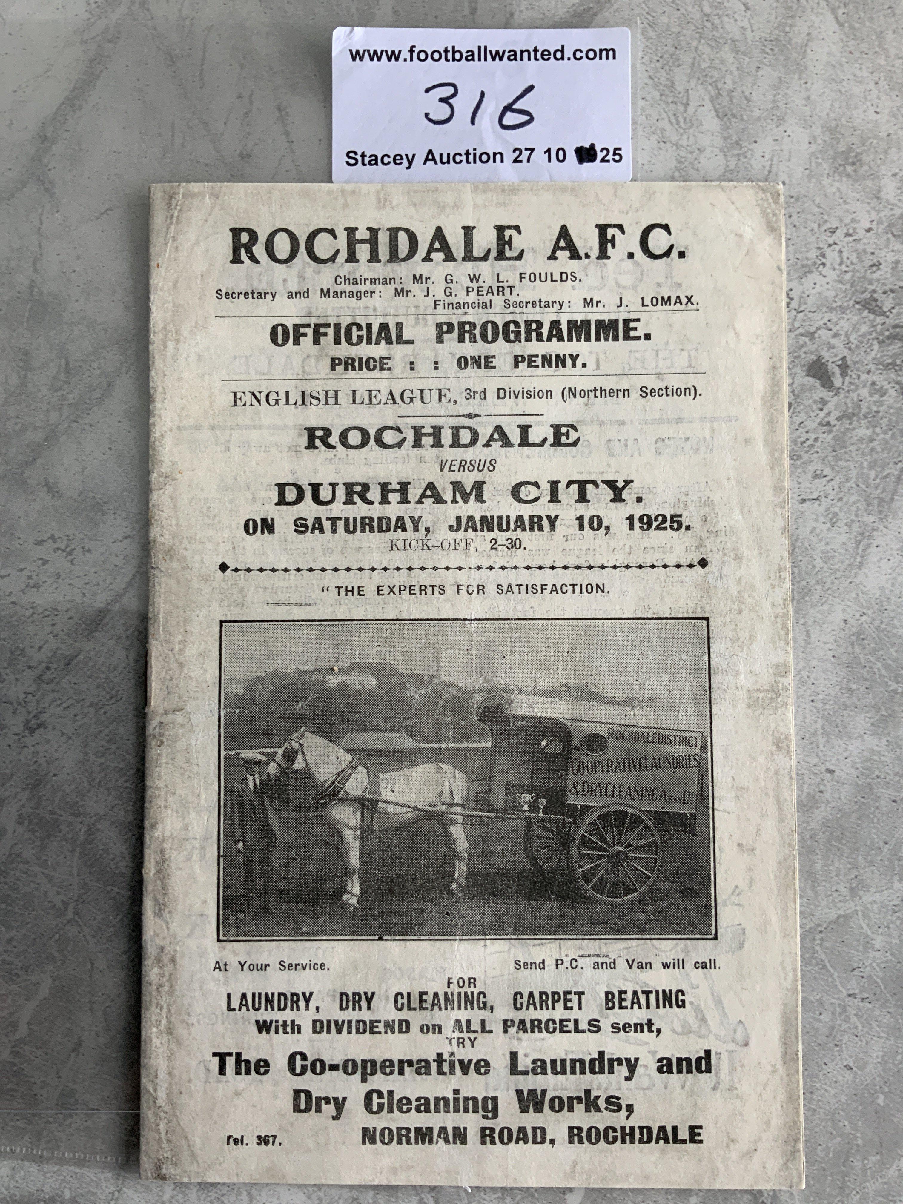 1924 - 1925 Rochdale v Durham City Football Programme: 3rd Division North match in very good condition with no team changes. Hard to find Durham league programmes.
