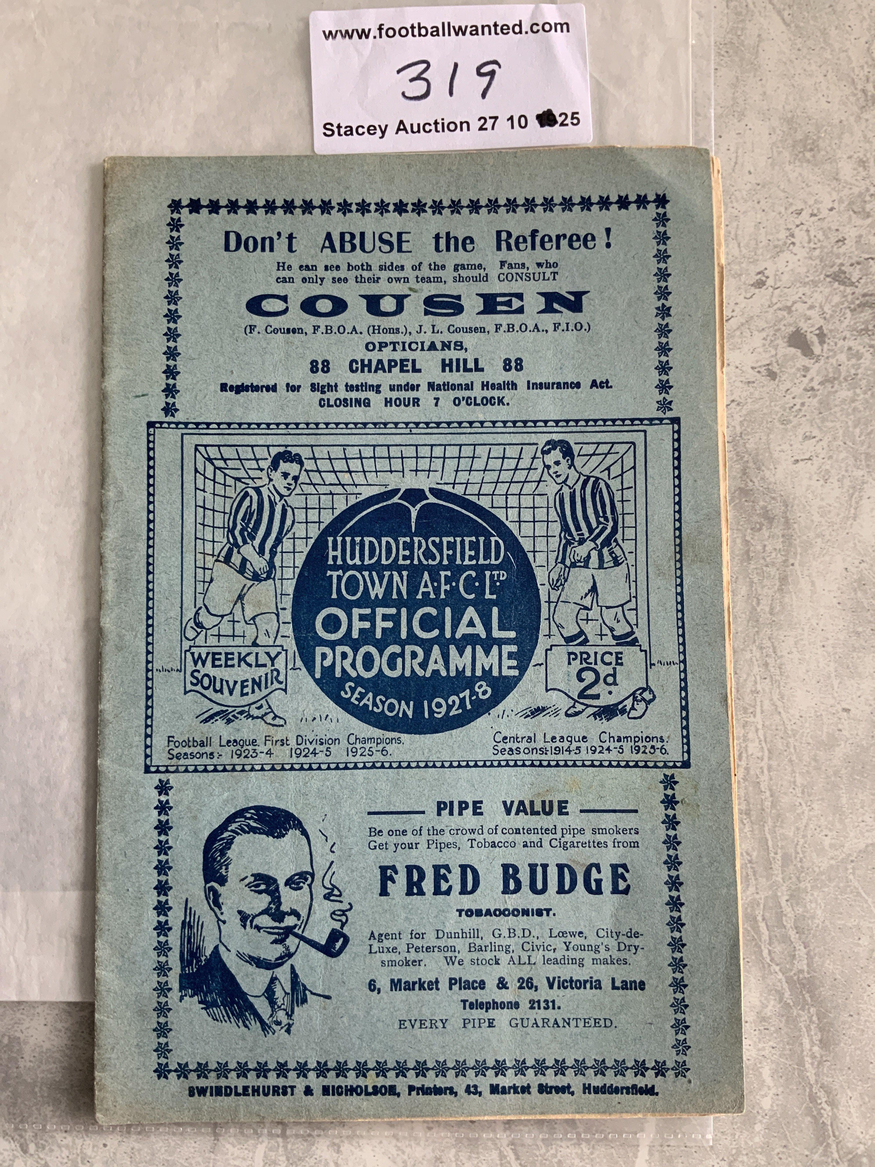 1927 - 1928 Huddersfield Town v Liverpool Football Programme: 1st Division match in excellent condition with lightly pencilled team changes. Huddersfield were runners up.