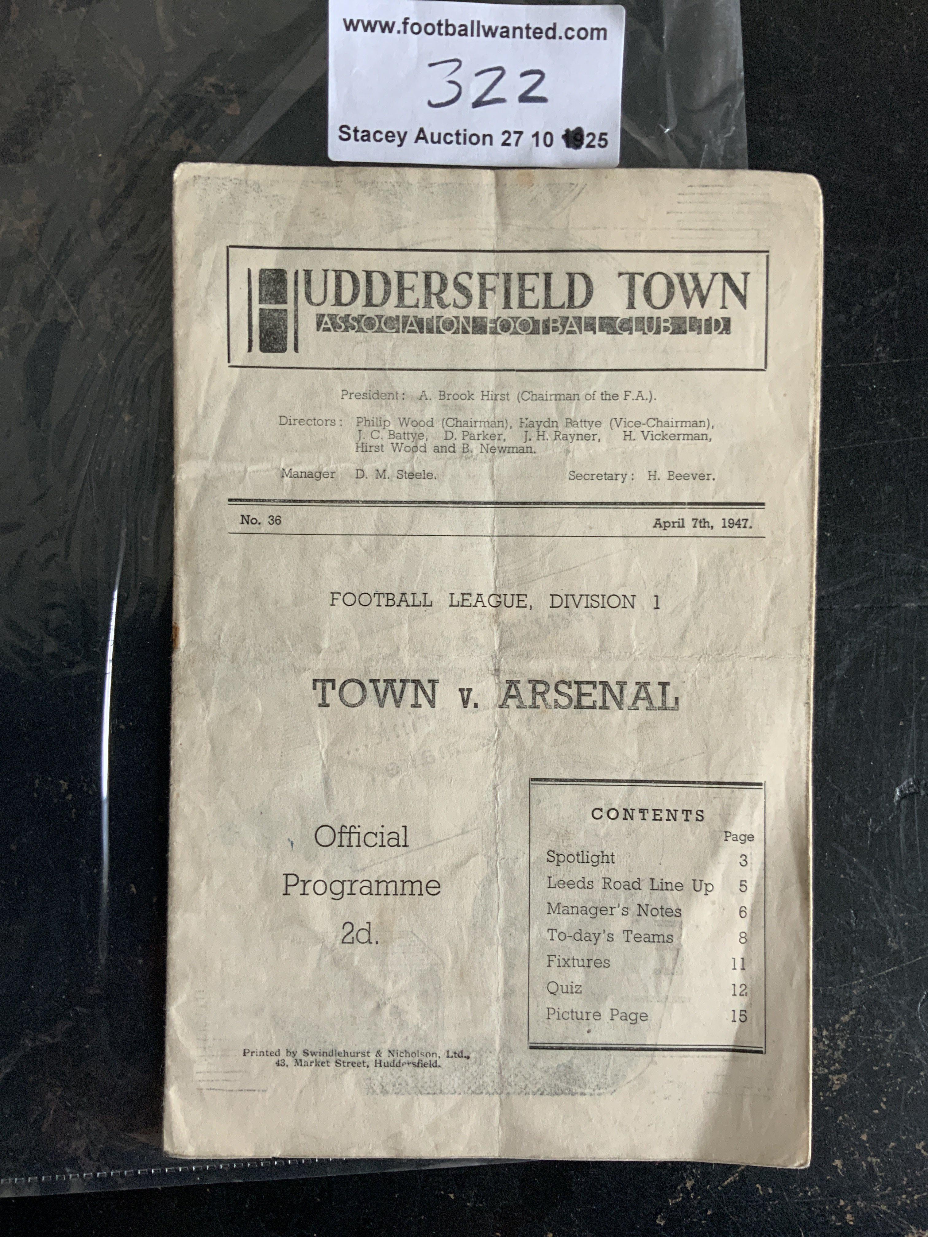 46/47 Huddersfield Town v Arsenal Football Programme: Good condition division one programme with no team changes. Score to team page. Fold.