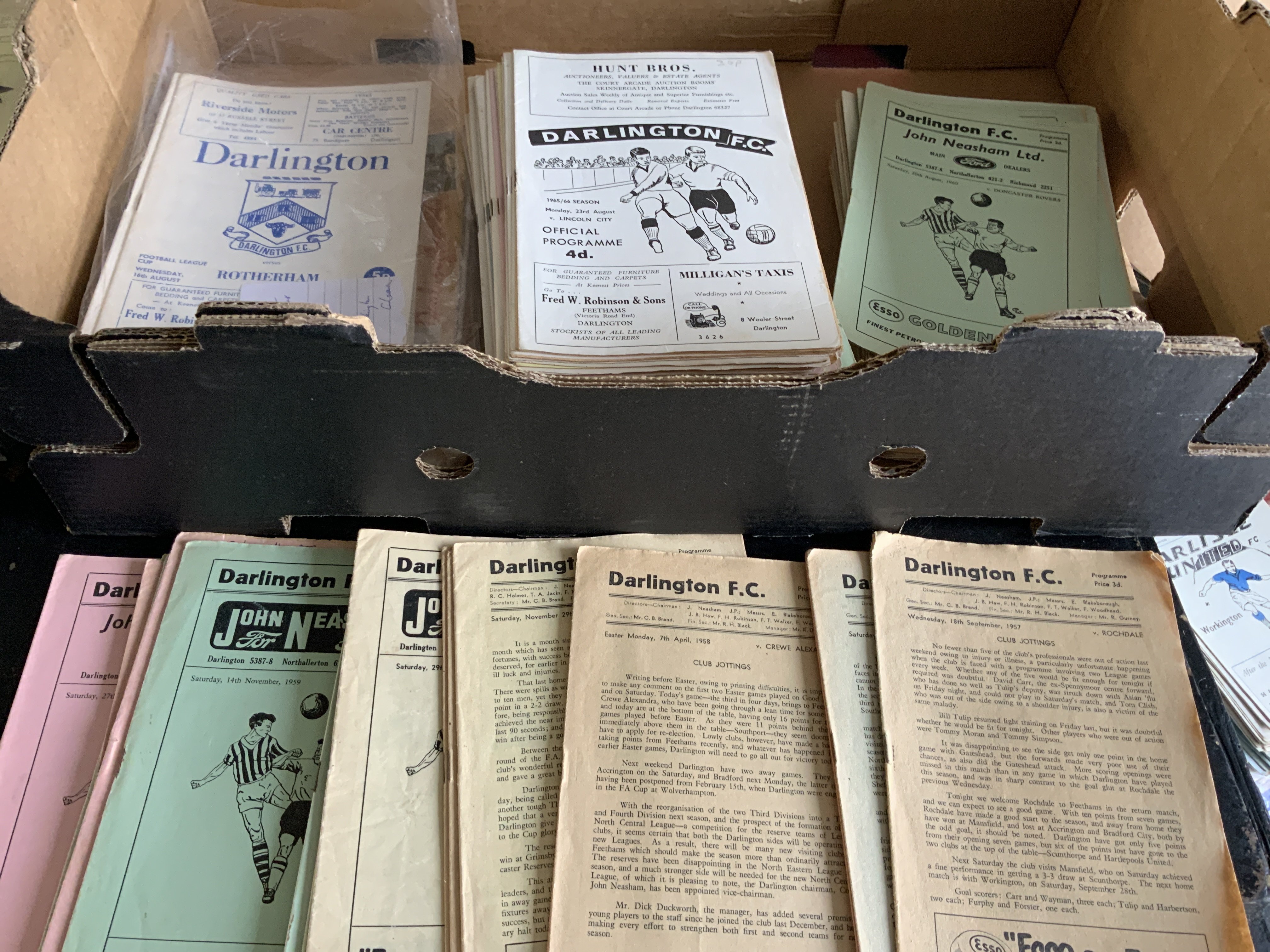 Darlington Home Football Programmes: 20 from the 50s plus a near complete set of 60/61 61/62 64/65 65/66 66/67 68/69 72/73 90/91 league champions. In total around 250 from the 60s plus some early 70s. Instructions to sell. Very good. (est 300+)