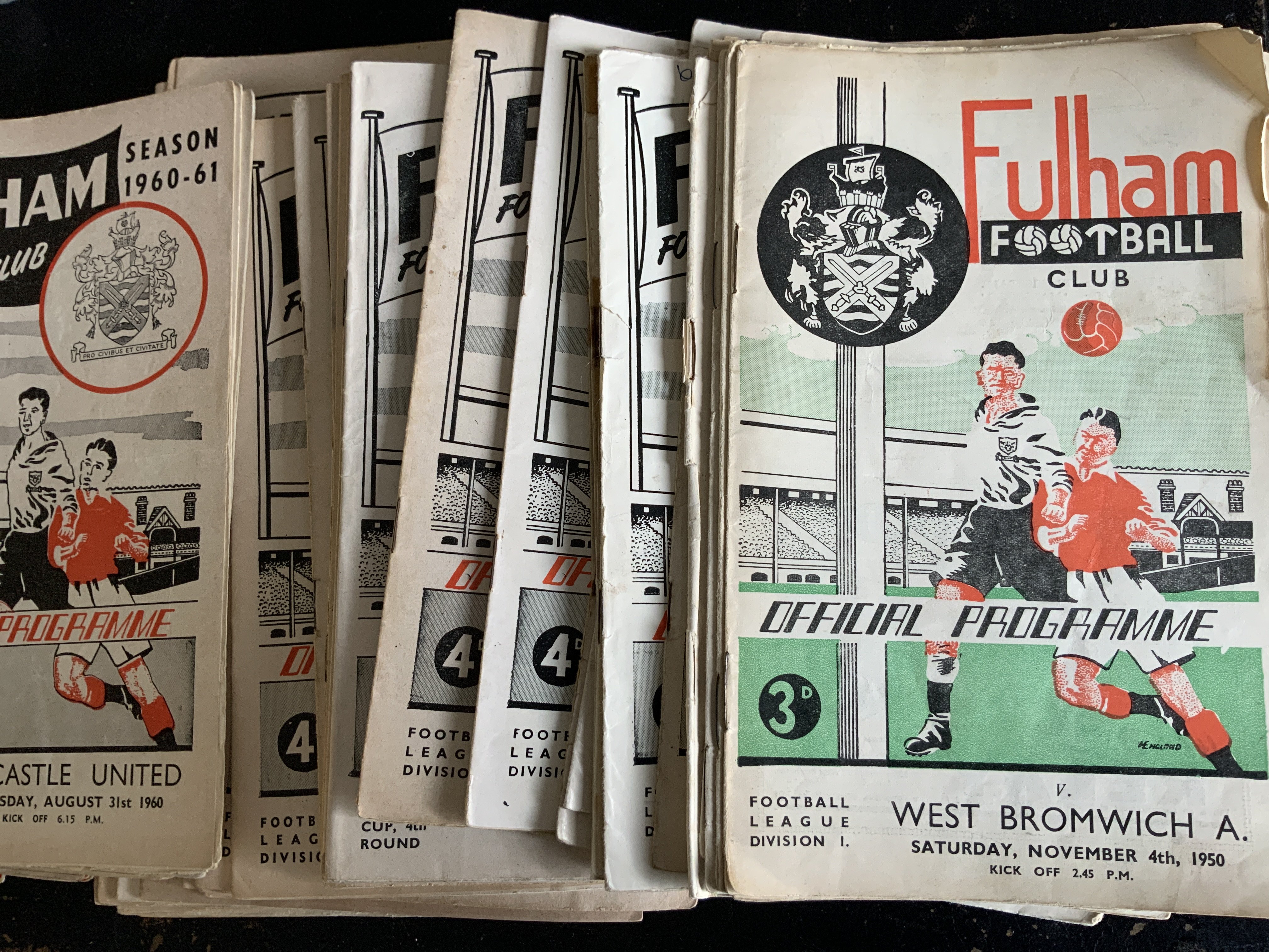 Fulham + Chelsea Home Football Programmes: Fulham has 60 from the 50s plus over 250 from the 60s and some early 70s. Instructions to sell. Very good. (est 350). Chelsea has a near complete set of 55/56 and sets of 66/67 and 68/69 plus many more 60s and 70s.