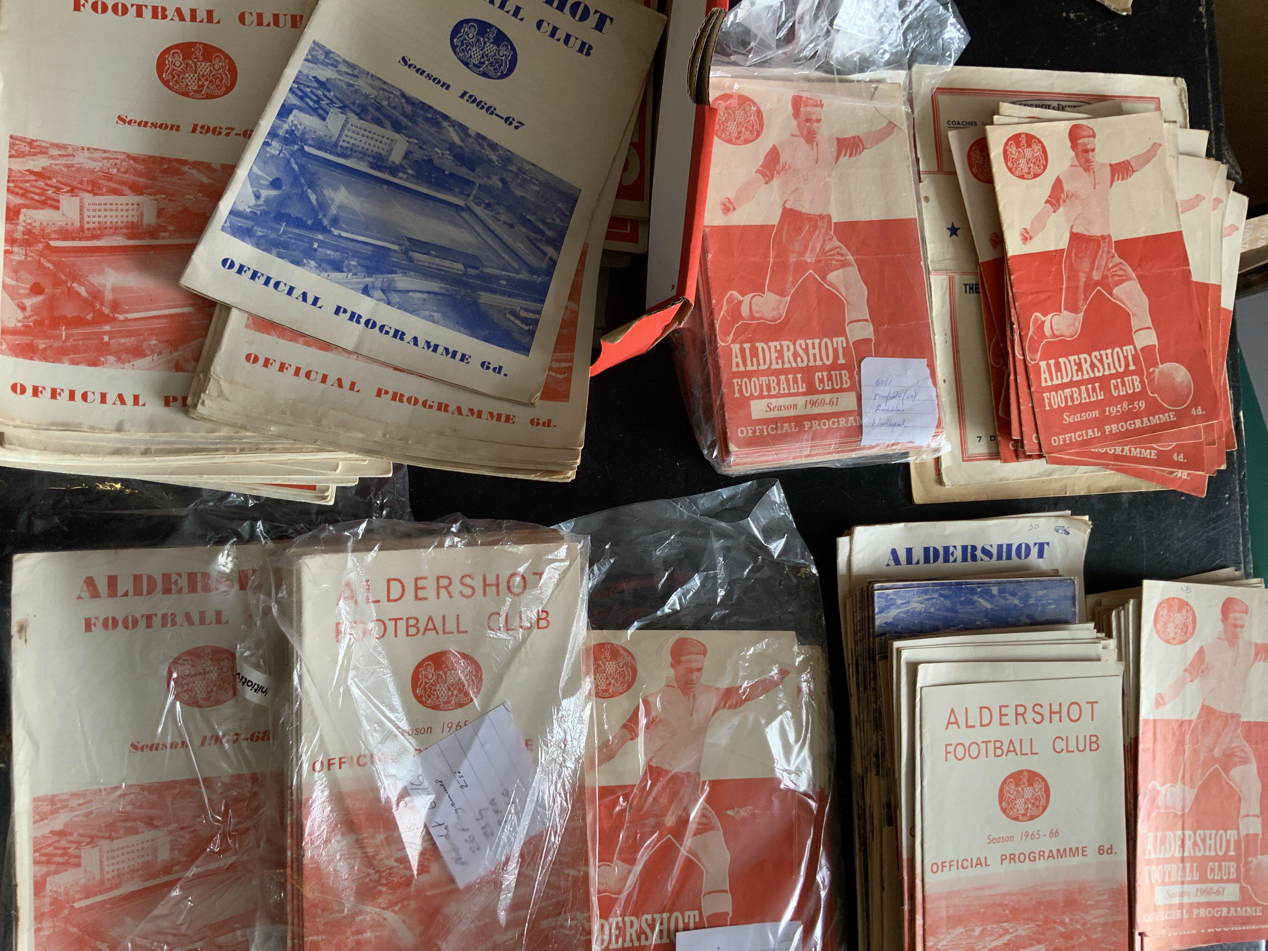 Aldershot Home Football Programmes: 18 from the 50s plus 4 near complete or complete sets of 60s. In total around 200 from the 60s plus some early 70s. Instructions to sell. Very good. (est 250)