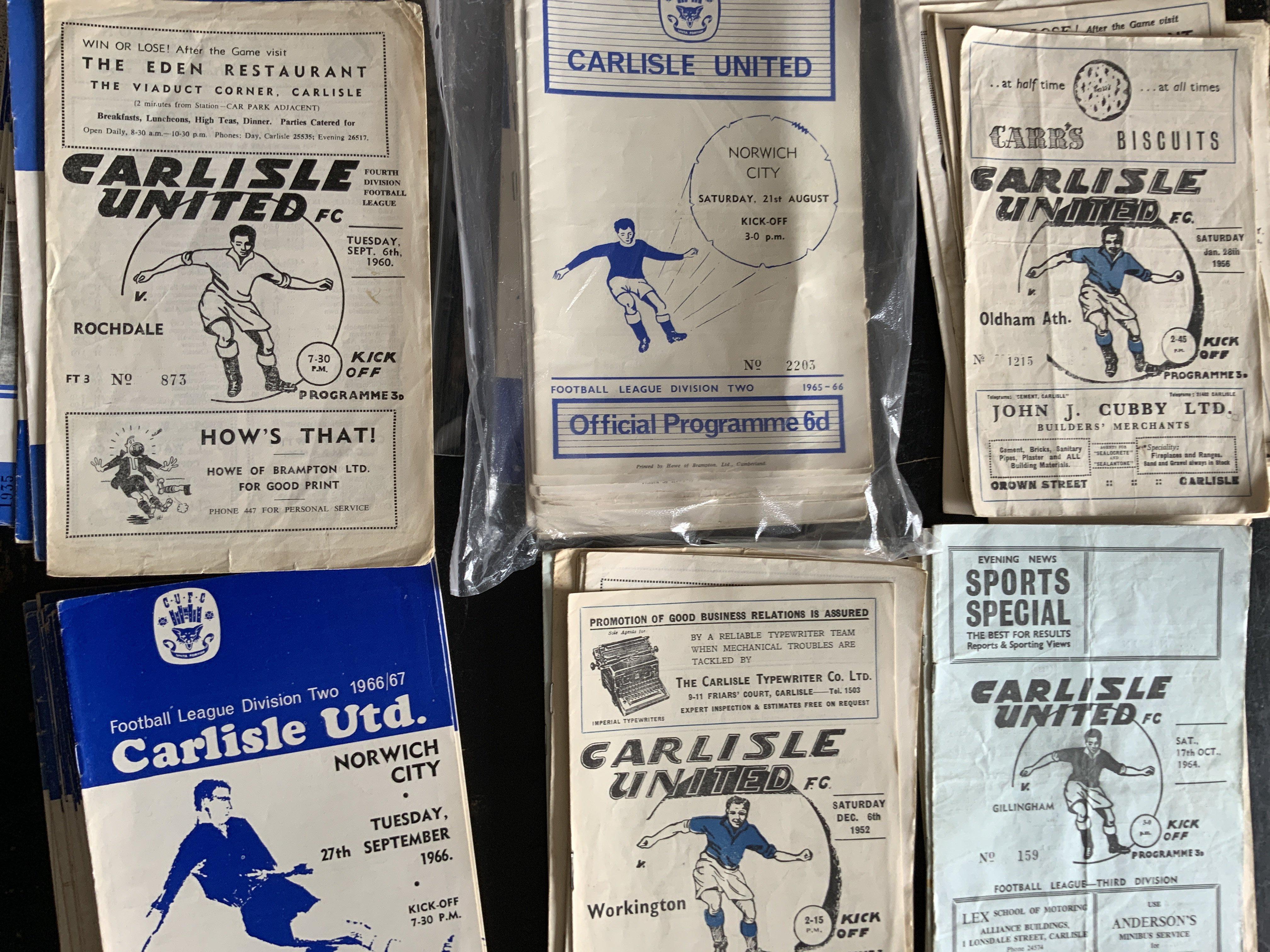 Carlisle United Home Football Programmes: 8 from the 50s including 52/53 Workington and around 100 from the 60s plus some early 70s. Instructions to sell. Very good. (est 110+)
