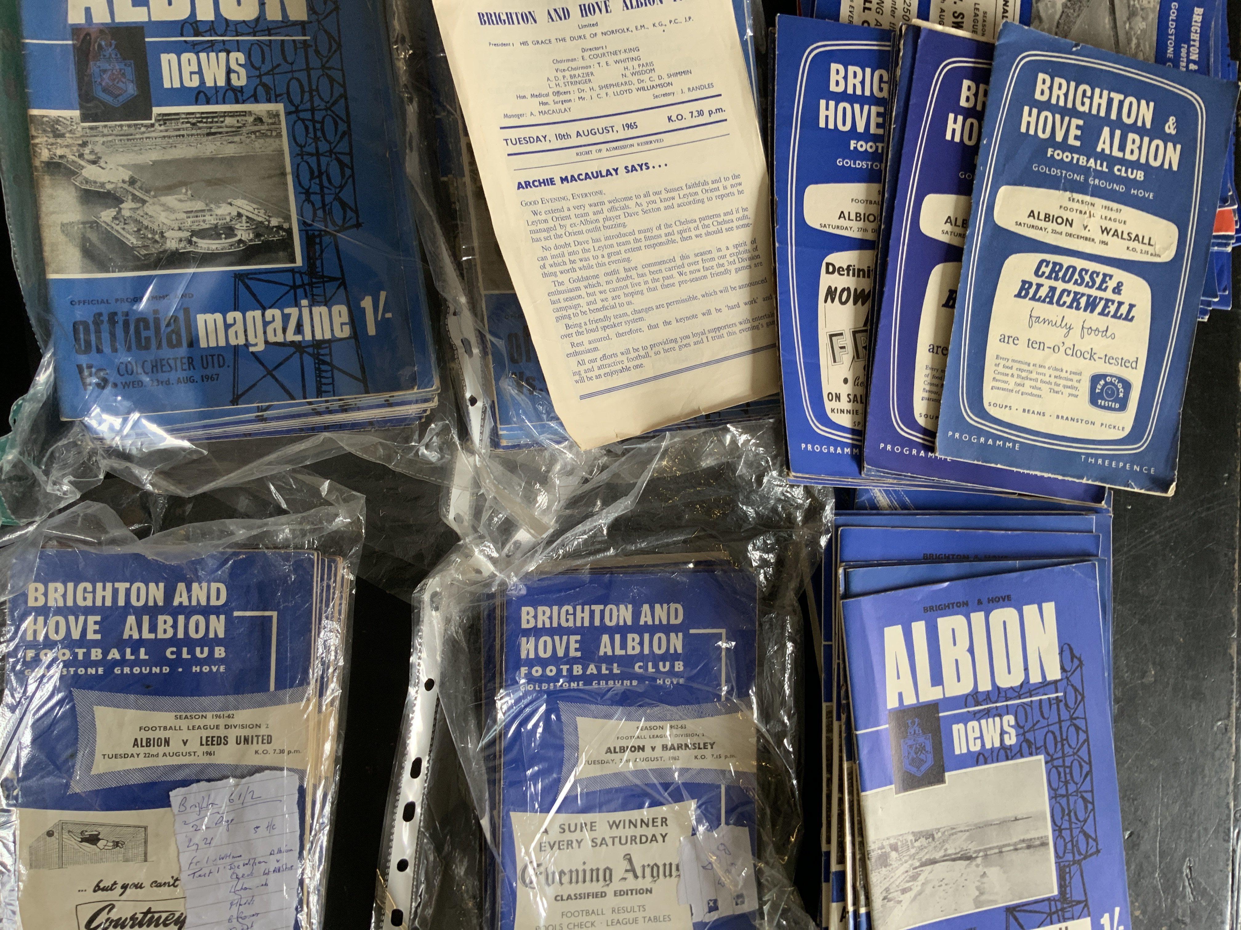 Brighton Home Football Programmes: 14 from the late 50s plus some complete or near complete sets from the 60s. In total around 240 from the 60s plus some early 70s. Instructions to sell. Very good. (est 280+)
