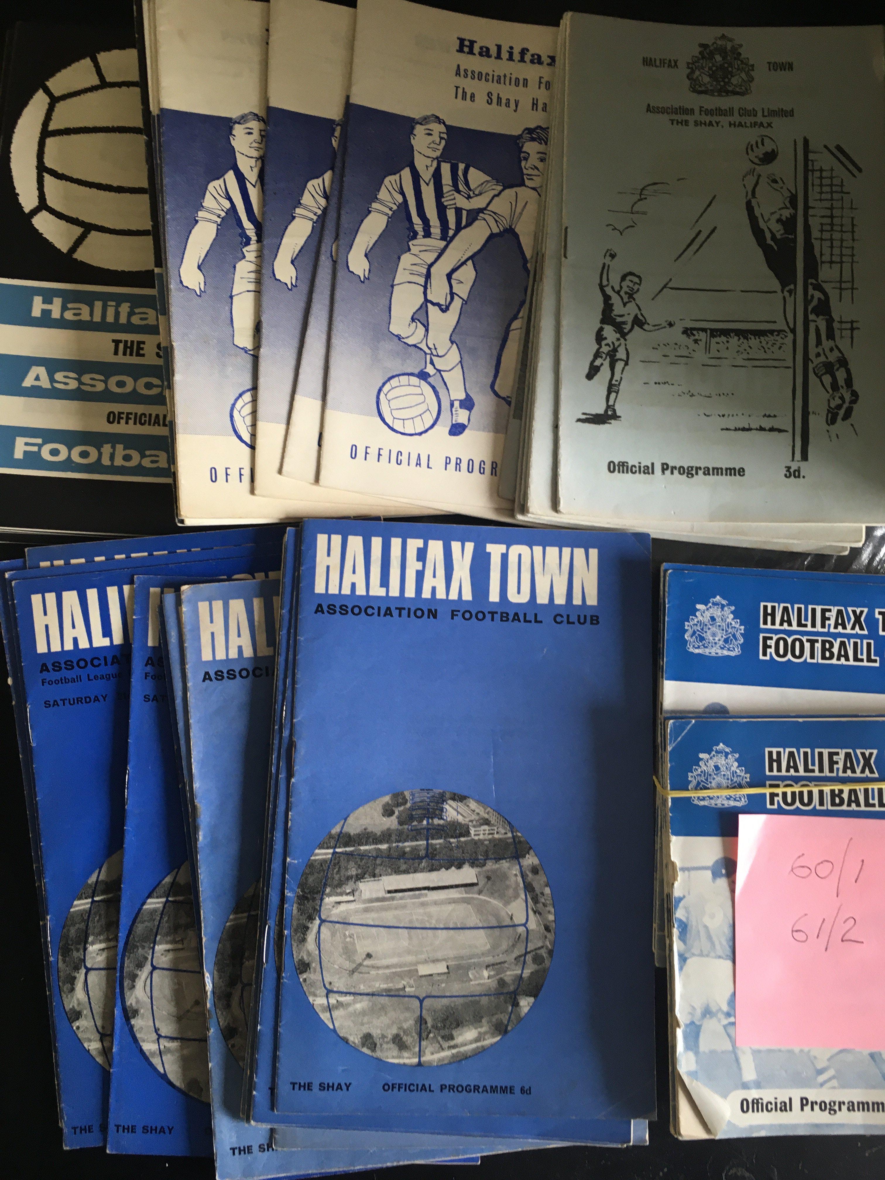 Yorkshire Club Home Football Programmes: York has 12 from the 50s plus 18 x 60s. Halifax has around 50 from the 60s. Leeds has 70 x 60s plus some early 70s. Instructions to sell. Very good. (est 170+)
