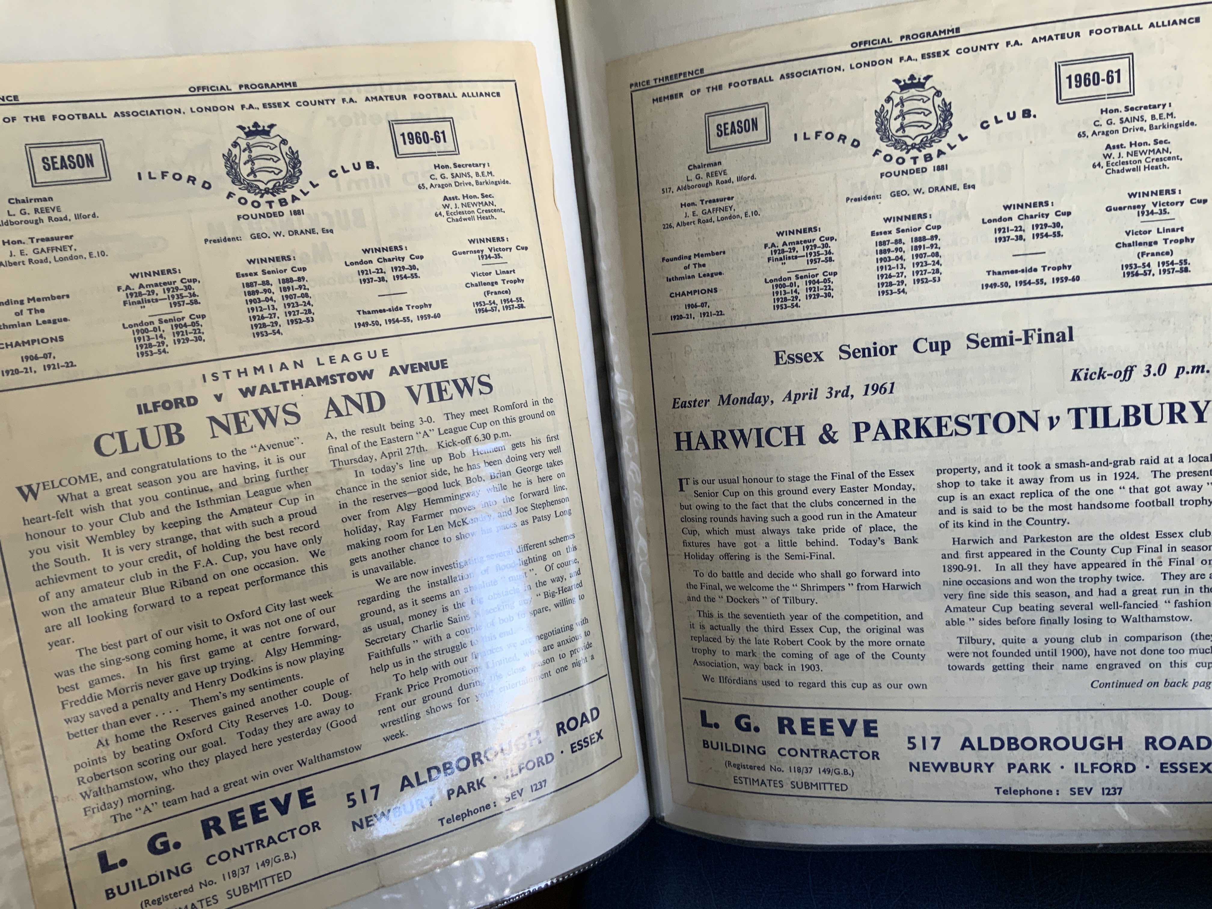Ilford Football Programme Collection: Possibly complete from 60/61 to 76/77. Housed in 10 large folders. Unchecked from deceased estate. (2 boxes)