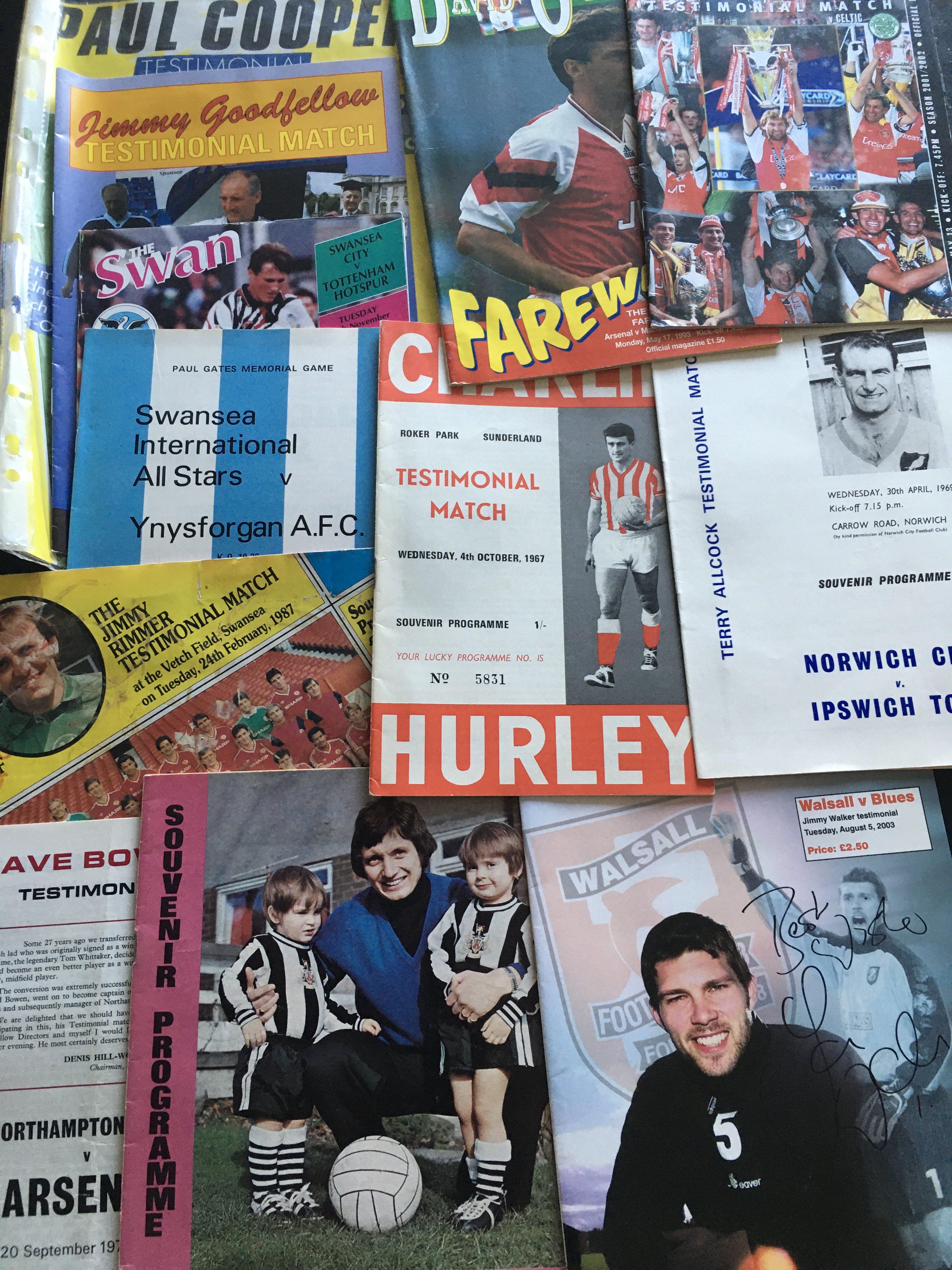 Testimonial Football Programmes: Some great names including John Atyeo Graham Williams Bobby Charlton Tony Book Mick Lambert Bill Eckersley. Many lesser named players also. Mainly good. (54)