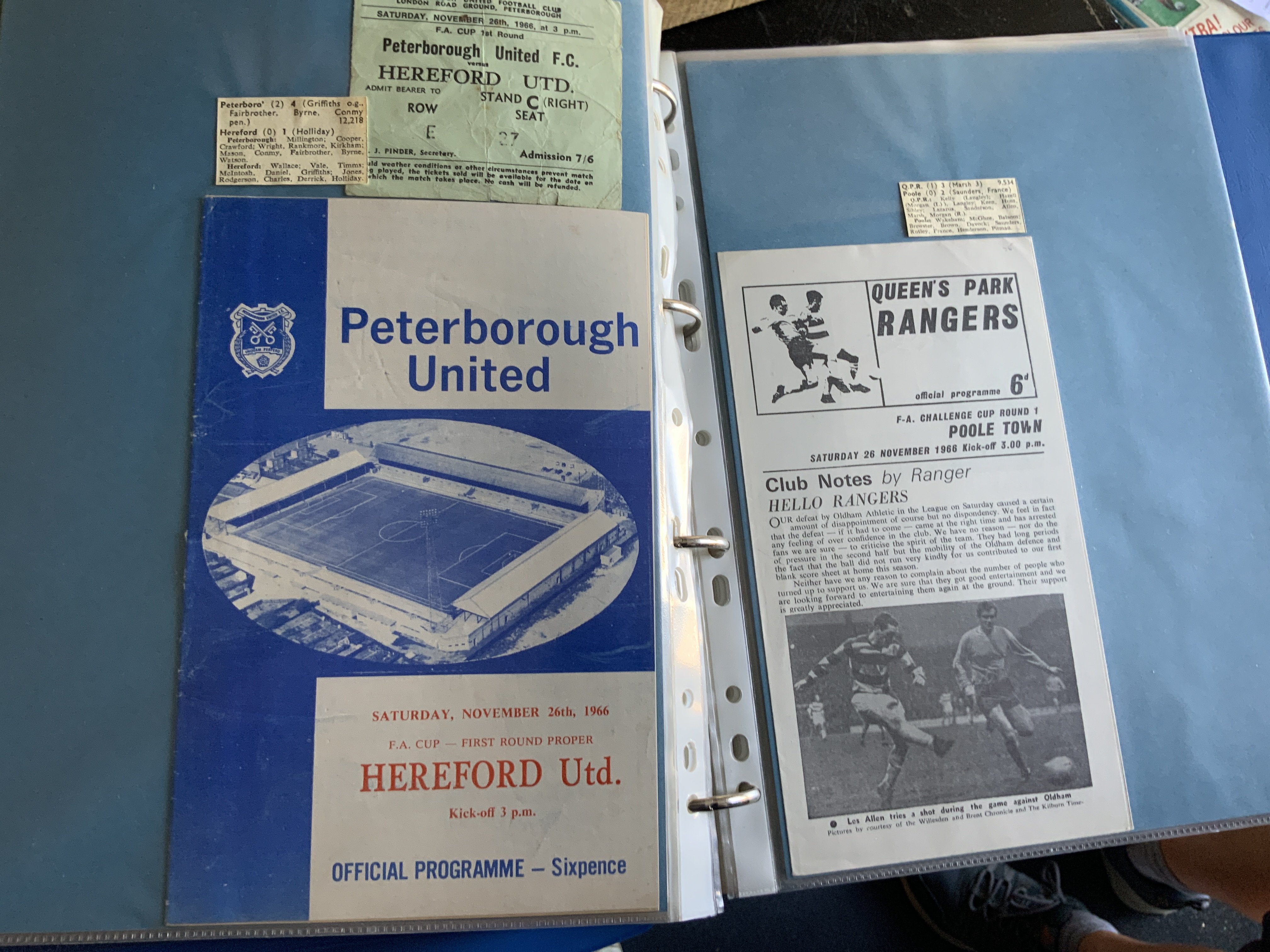 1966 - 1967 Complete FA Cup Football Programme Collection: Complete from the 1st round right through to the final of all programmes. Folders of qualifying matches included but not known if complete. Suit Tottenham or Chelsea collector. Neatly displayed in 7 large binders. Some have match reports and tickets. Must view due to quantity of tickets, Eve of Rally menu newspapers and more. (est 350 programmes)