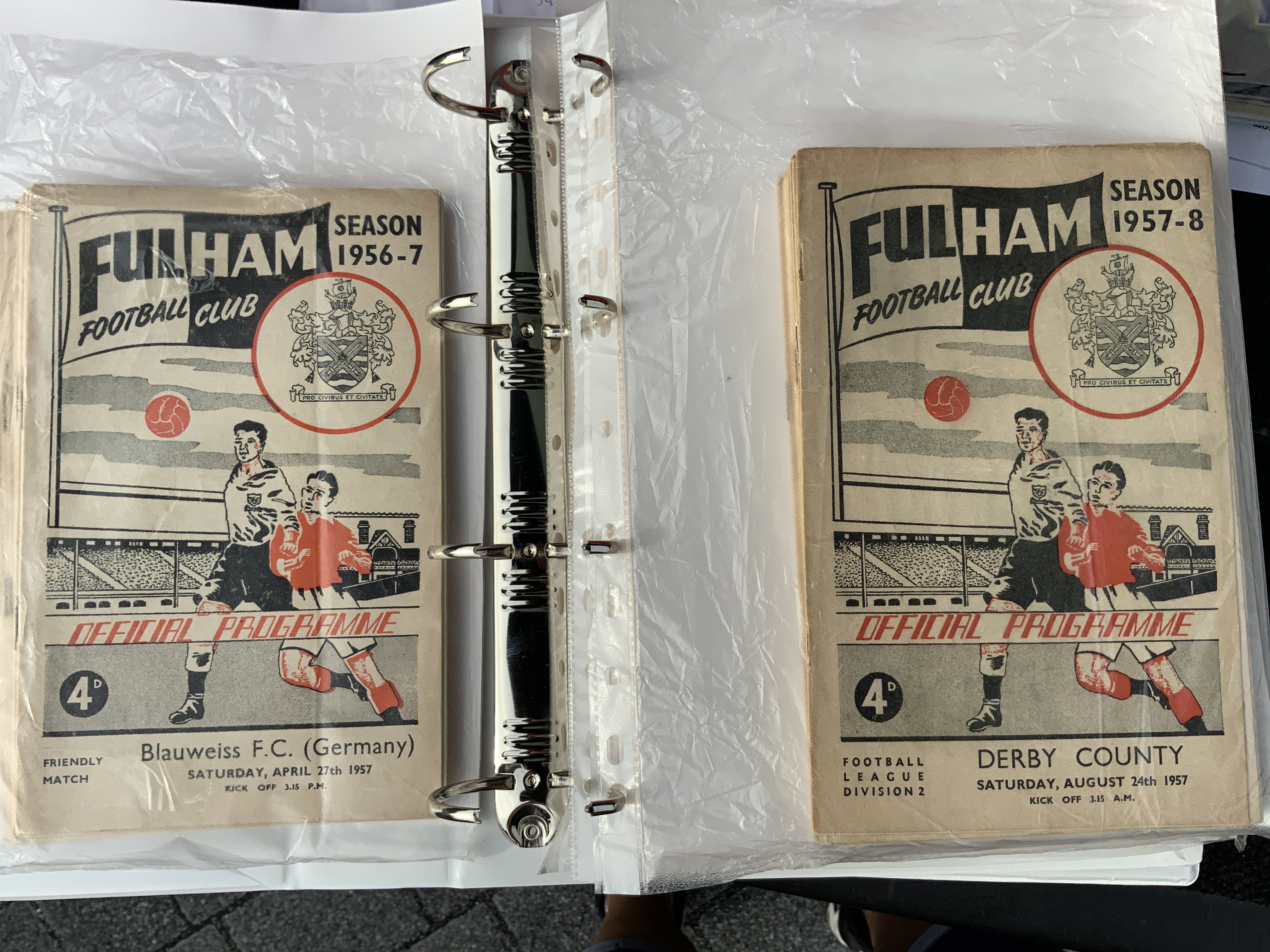 Fulham Complete Home Football Programmes: Complete run kept neatly in 3 folders from 52/53 to 63/64. Excellent condition. (12 seasons)
