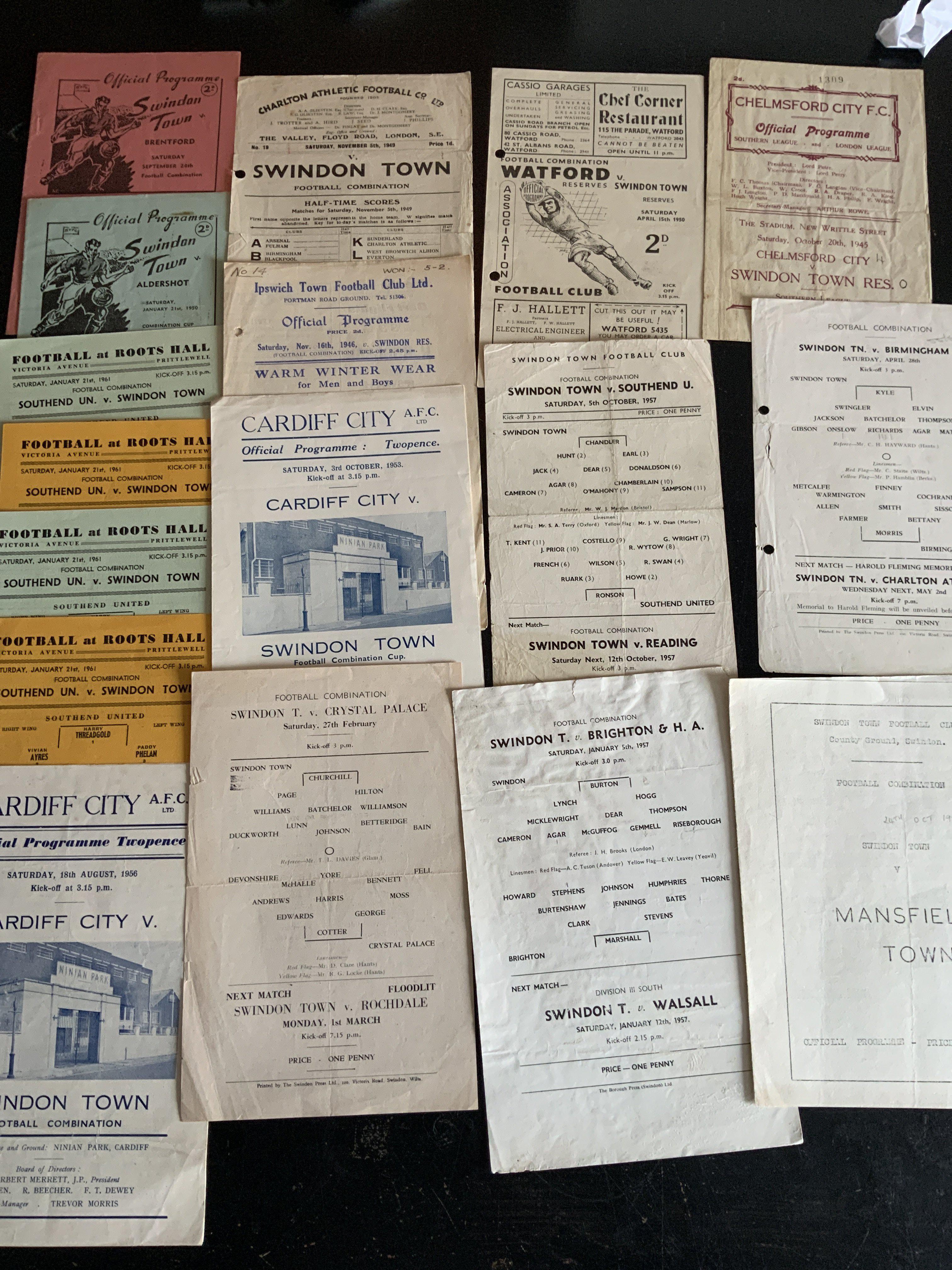 40s + 50s Swindon Town Reserve Football Programmes: Aways at 45/46 Ipswich, Chelmsford sof, 49/50 Watford, Charlton mainly all with punch holes. Homes include 49/50 Brentford Aldershot and a further 21 in the 50s which are mainly single sheets plus more. Fair/good.