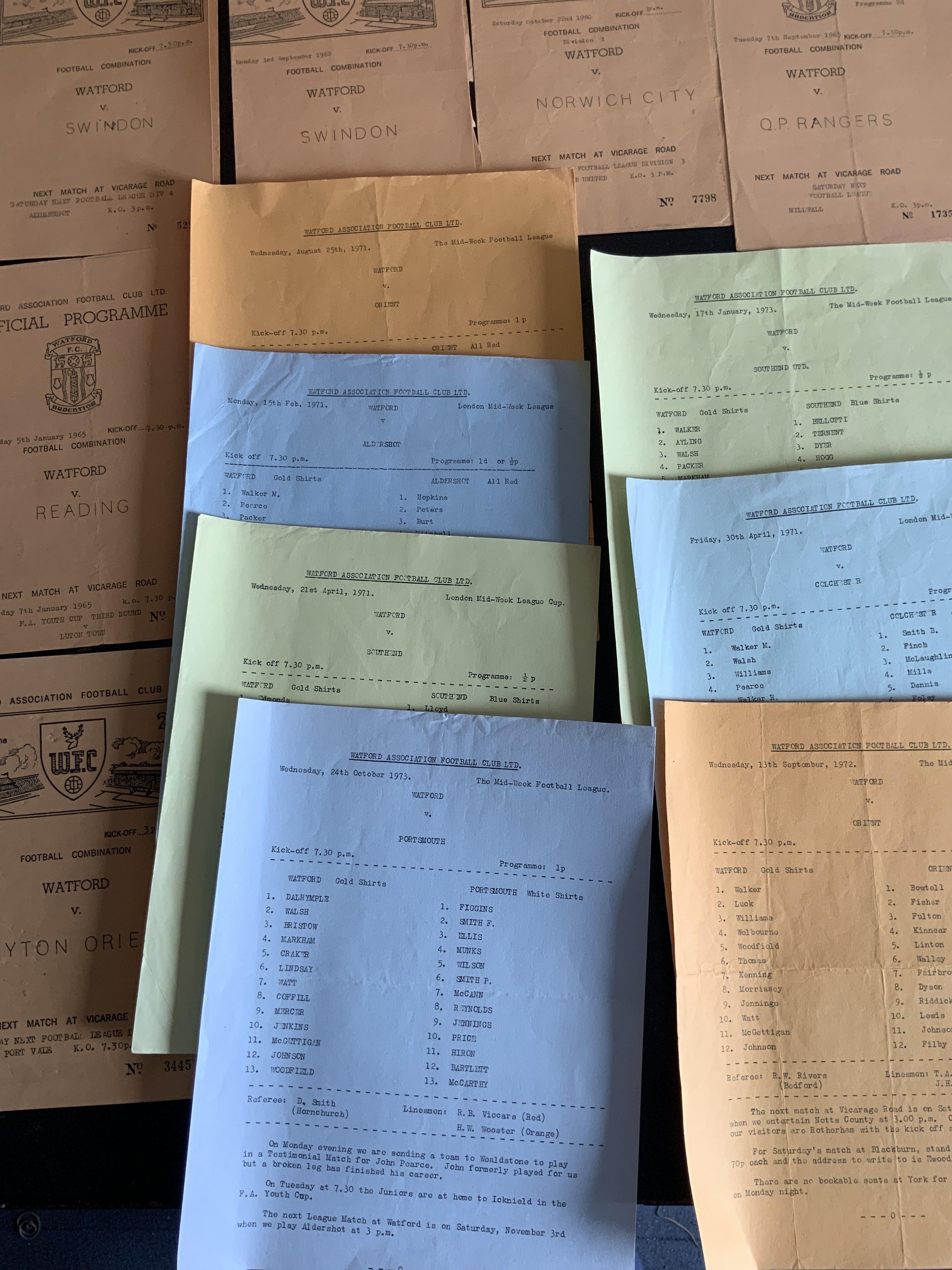 Watford Chelsea + Leicester City Football Programmes: Good condition Watford reserves from the early 60s x 6 and some large sheets from the London Midweek League in the early 70s. C/W some mixed condition Leicester programmes to include home v 48/49 Coventry. There are around 50 programmes also of Chelsea homes from the 50s and 60s.