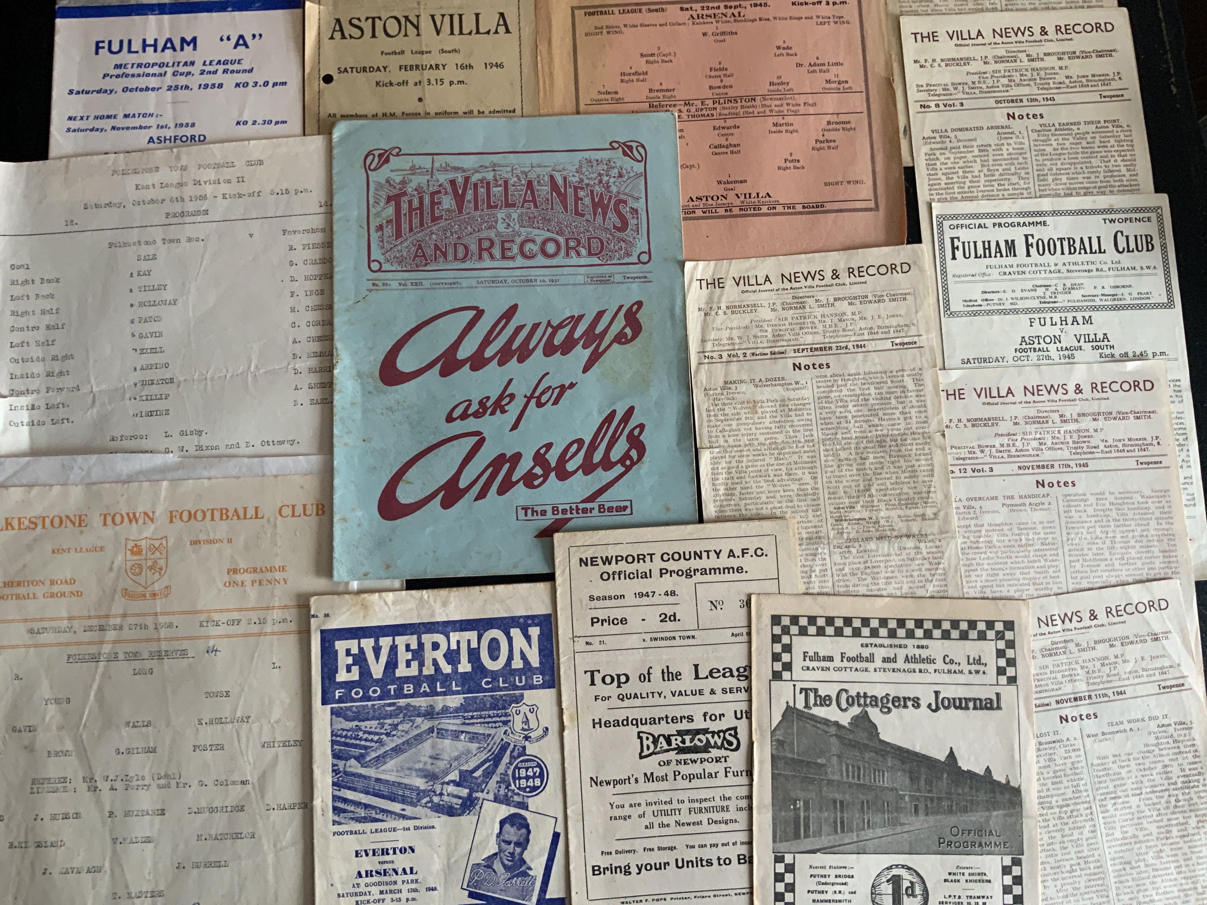 1930s to 1950s Football Programmes: Includes 31/32 Aston Villa v Bolton, 37/38 Fulham v QPR, 44/45 Fulham v Tottenham, 47/48 Everton v Arsenal, Newport v Swindon scuff to rear, 48/49 Norwich v Swindon, 52/53 Bury v Preston reserves, 58/59 Hasting v Fulham A Metropolitan League, 7 x late war time Aston Villa, early 50s Aldershot home reserves and more.
