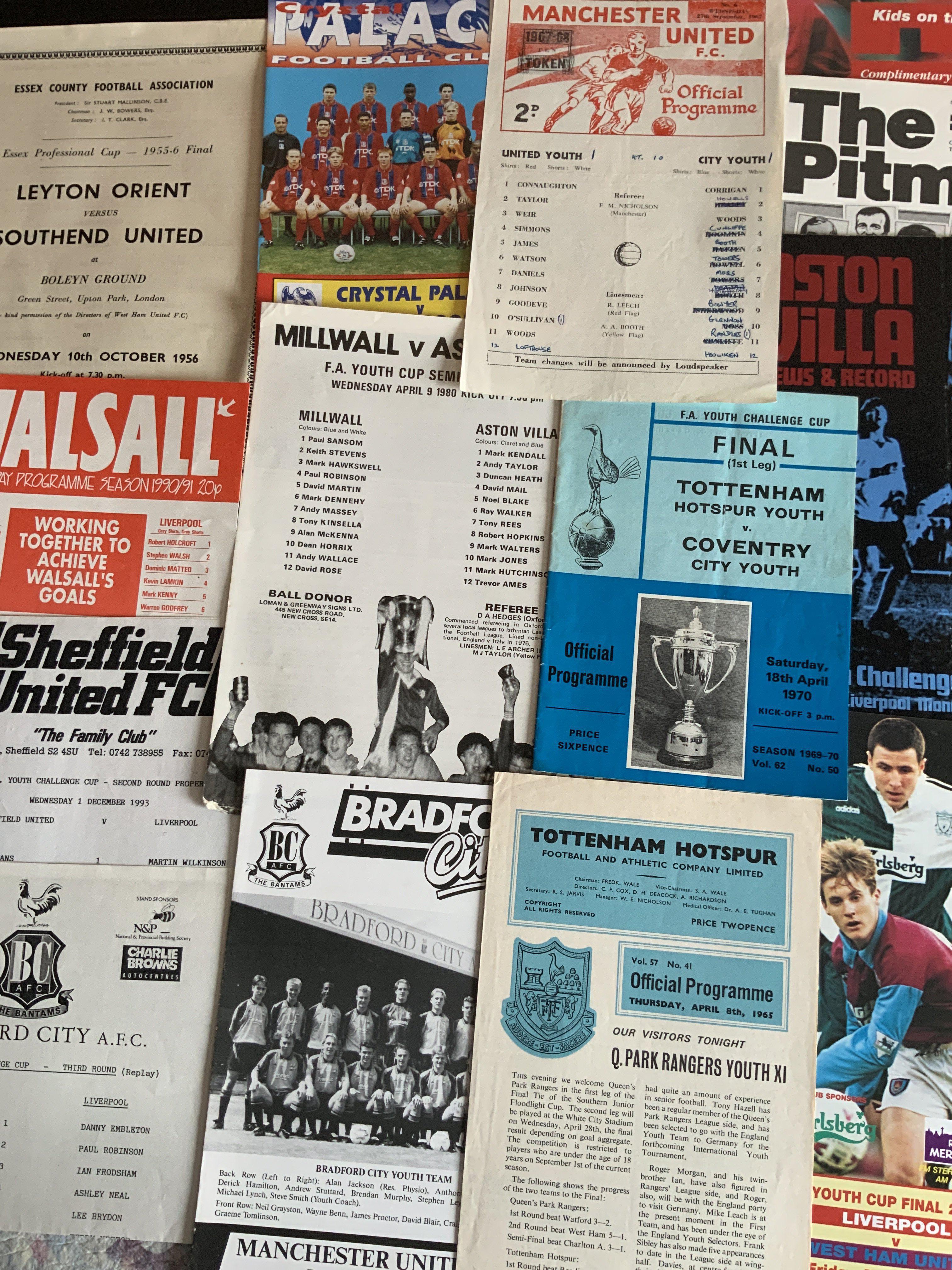 FA Youth Cup Football Programmes: Wide range of clubs from the 50s to modern mainly in the Youth Cup. Includes 58/59 Walsall v Aston Villa, 63/64 Man City v Preston, 66/67 Manchester United v Huddersfield, 71/72 Man City v Tranmere, Many semi finals and finals. Good West Ham content.