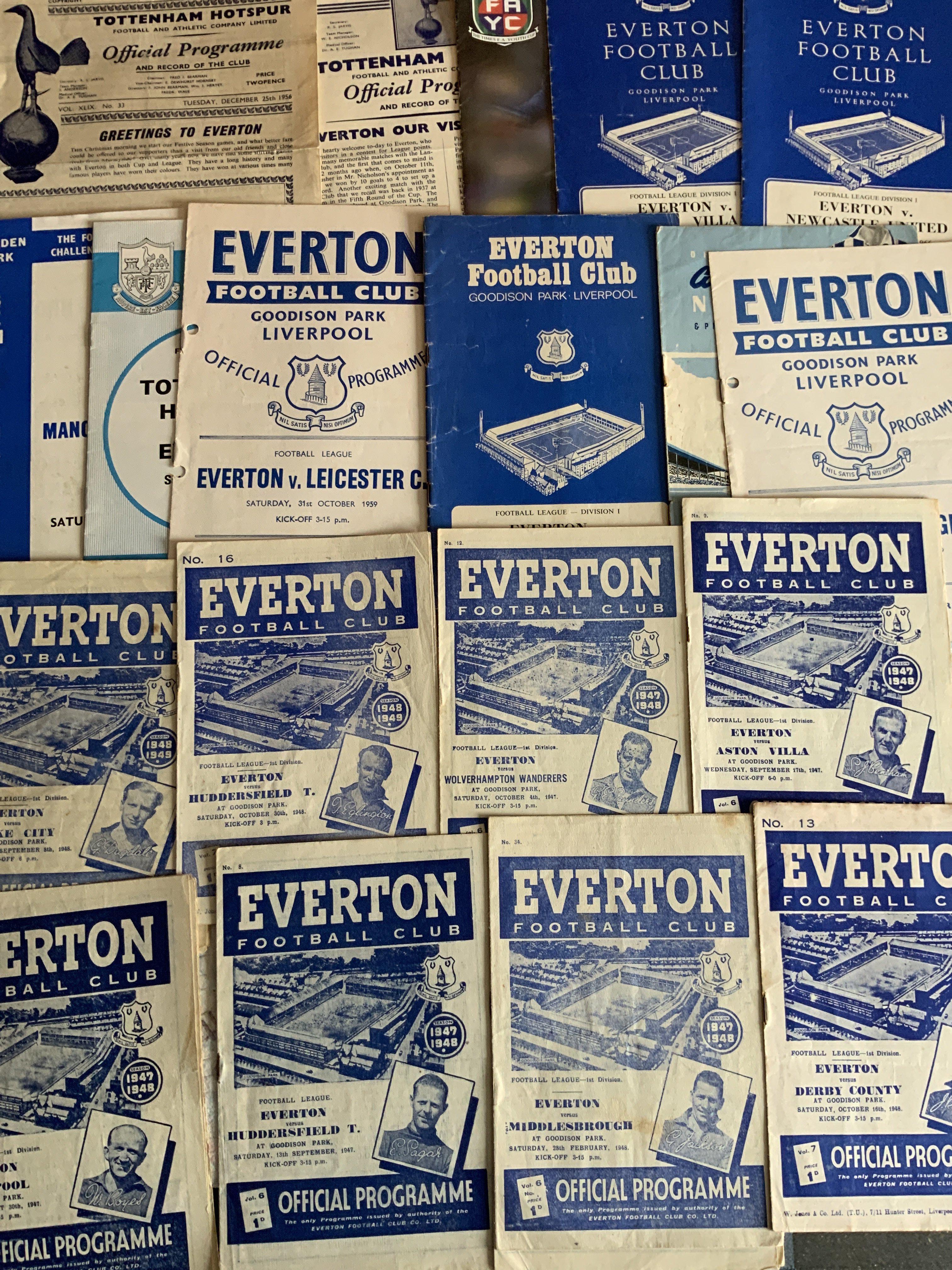 Everton Football Programmes: Homes v 47/48 Blackburn Middlesbrough Huddersfield Blackpool Aston Villa Wolves, 48/49 Huddersfield Stoke Derby. A few 50s away included. Good.
