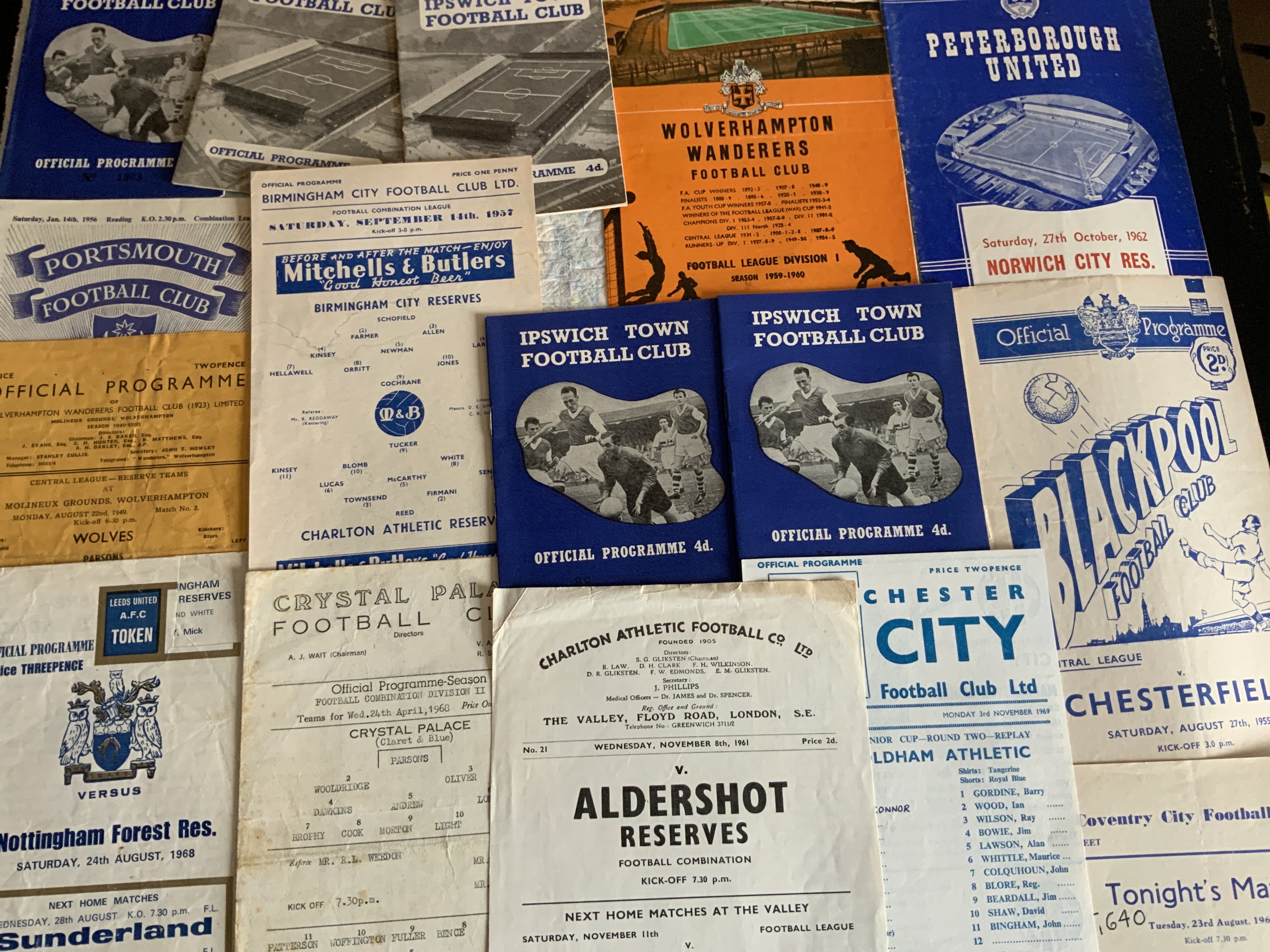 Reserve Football Programmes: Wide variety of clubs and eras in good condition with many 1950s and 1960s. Includes from the 50s Ipswich Orient Aston Villa Yeovil West Brom Blackpool Birmingham and Portsmouth. (est 110+)
