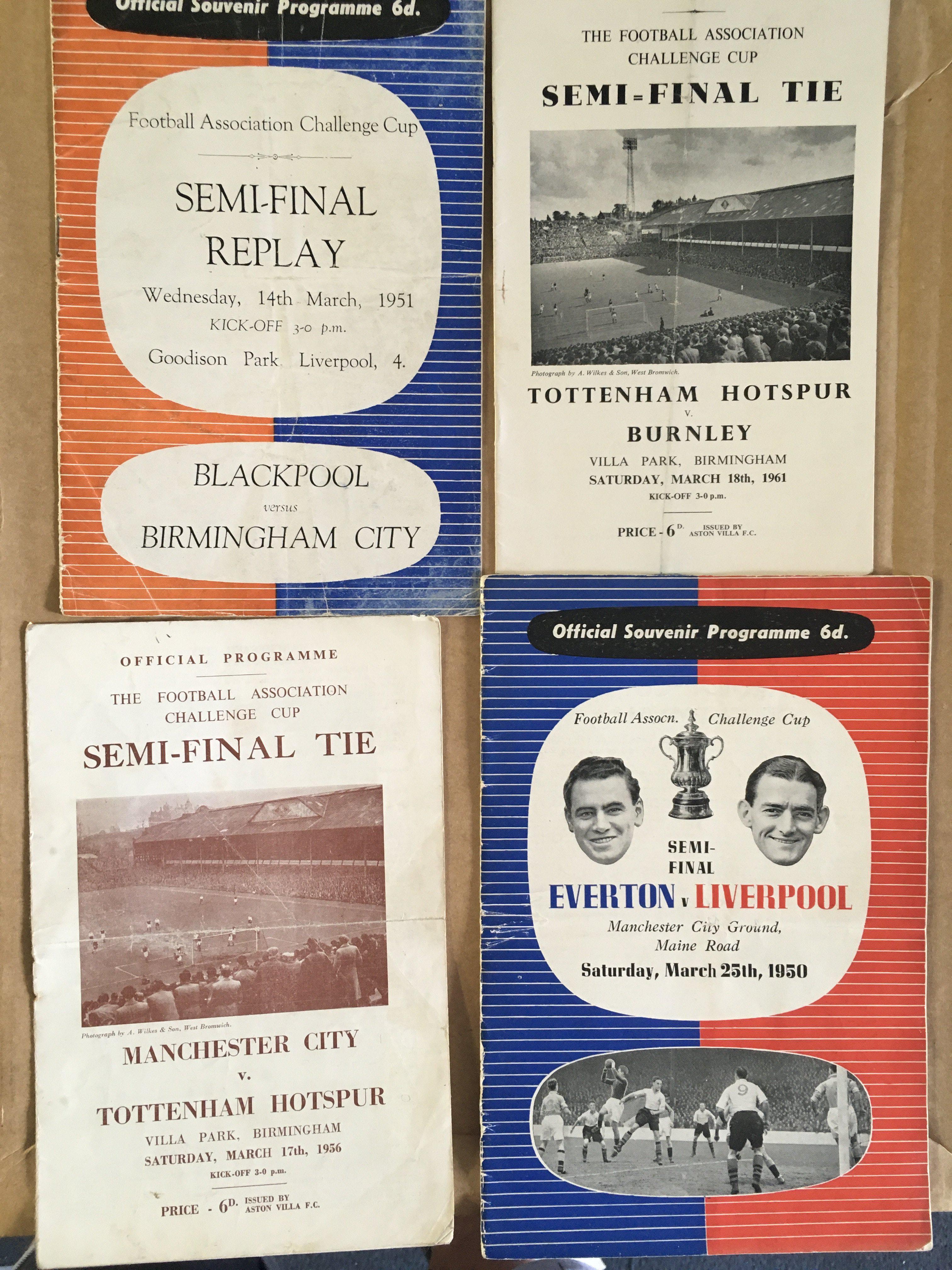 FA Cup Semi Final Football Programmes: 1950 Everton v Liverpool, 1951 Blackpool v Birmingham replay at Everton, 1956 Man City v Tottenham, 1961 Tottenham v Burnley. All good with folding. (4)