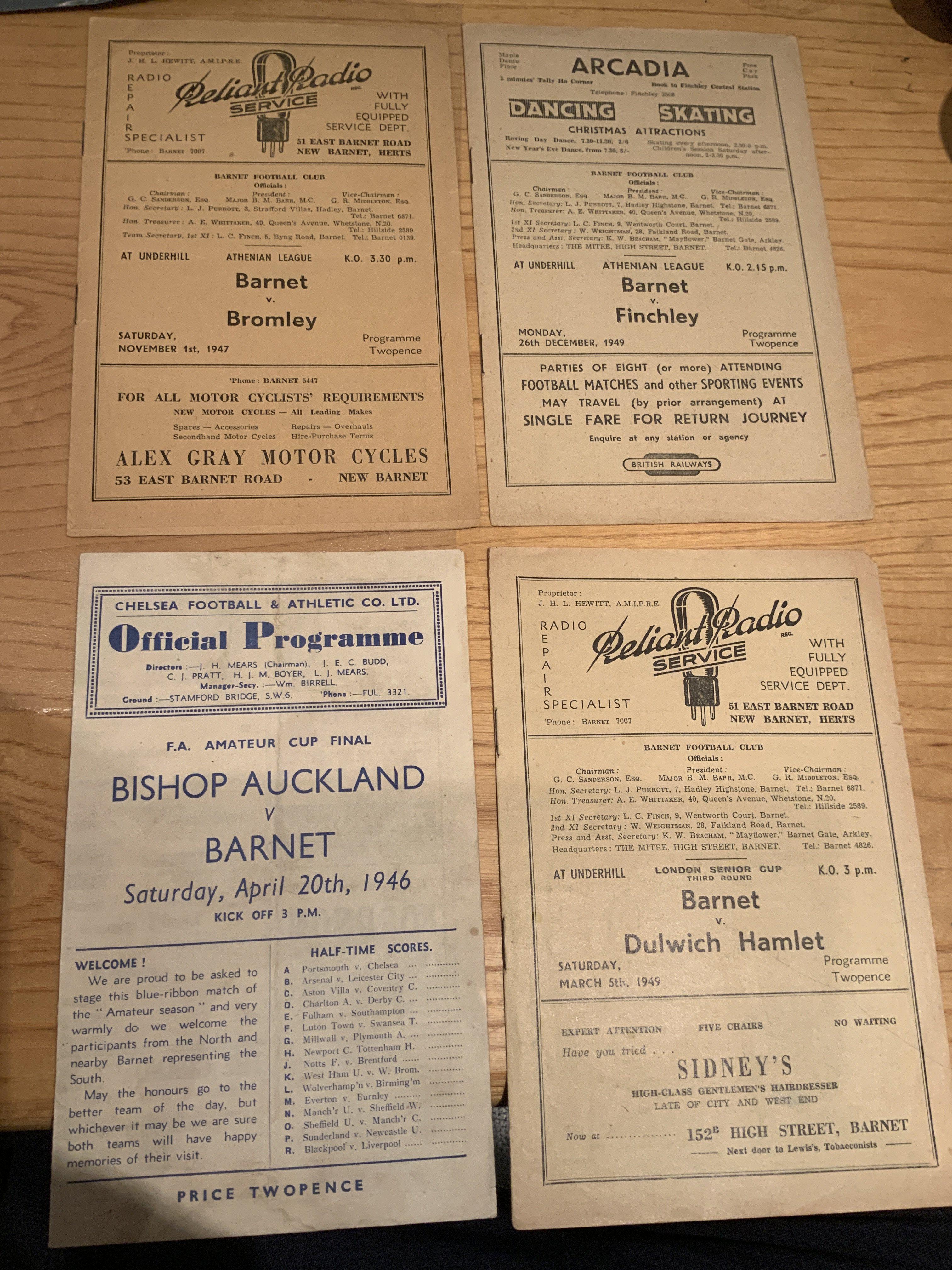 Barnet 1940s Football Programmes: 1946 Amateur Cup Final at Chelsea plus 3 home matches at Underhill all in very good condition with no writing. (4)
