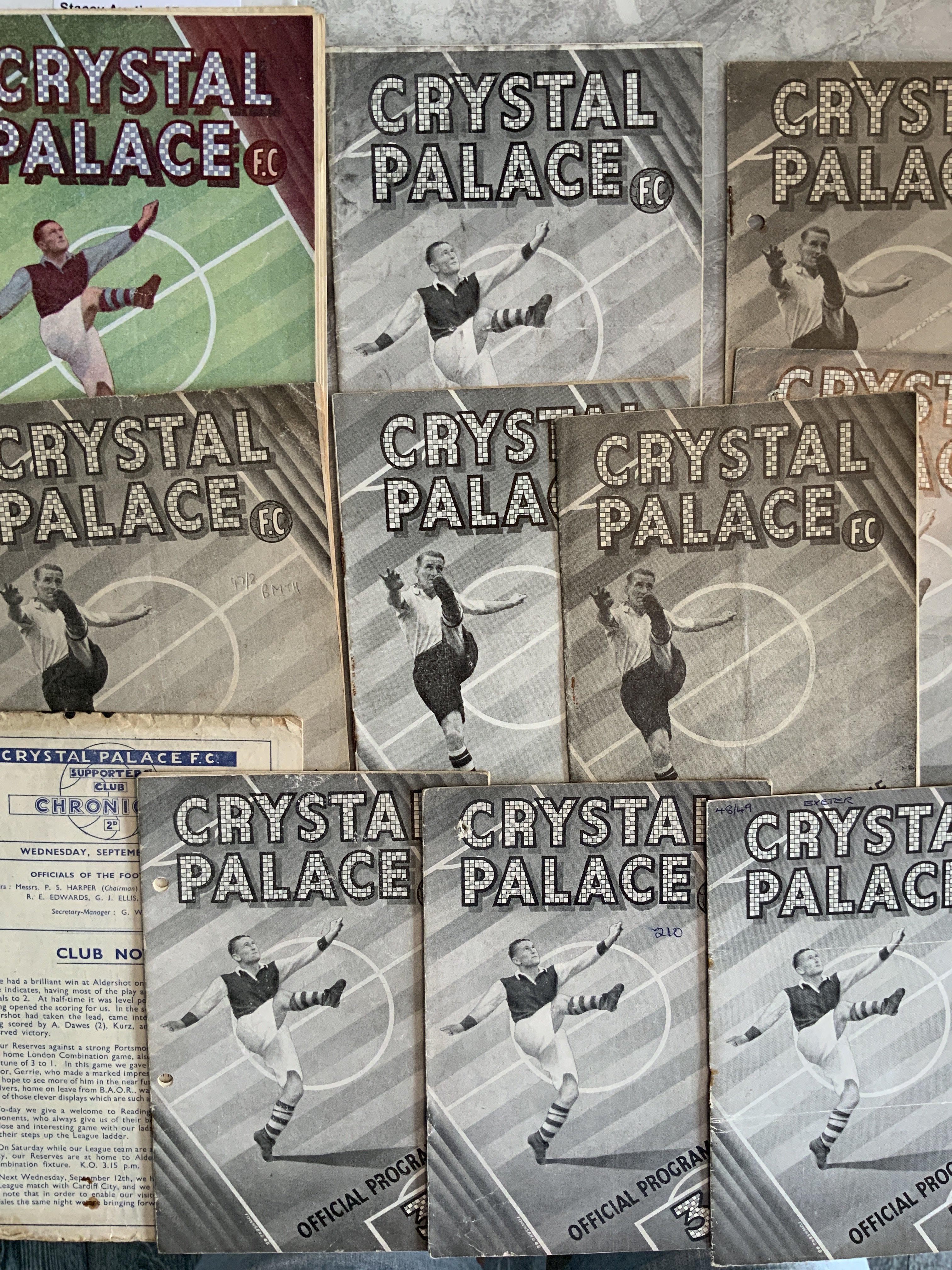 1940s Crystal Palace Home Football Programmes: 45/46 Reading, 47/48 QPR, Swindon, Bournemouth, Torquay punch holes, 48/49 + 49/50 Newport all good. A further 4 more from 48/49 with faults. (11)
