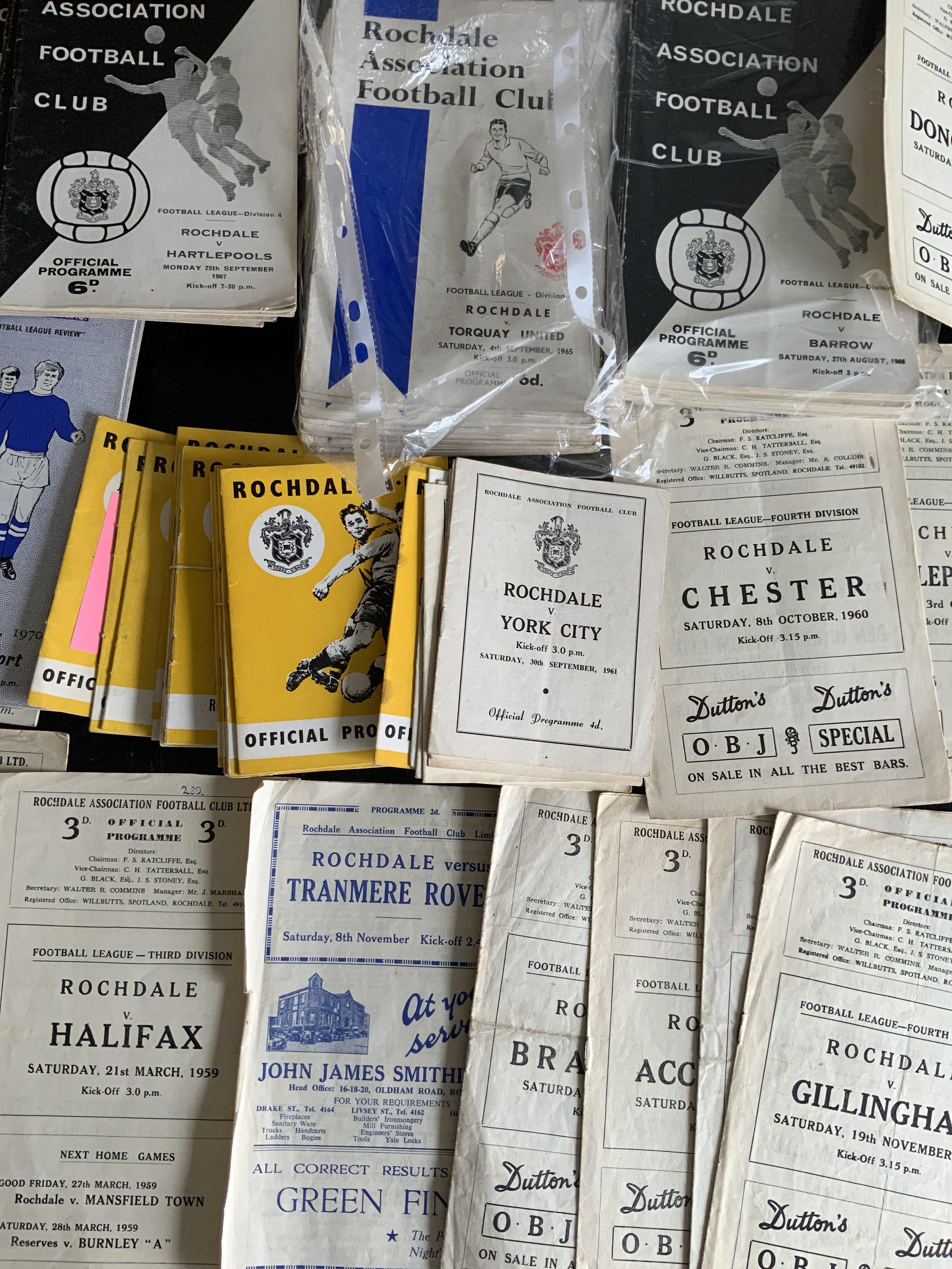 Rochdale Home Football Programmes: Approximately 110 from the 60s and a few from the early 70s. 65/66 + 66/67 look complete. Instructions to sell. Very good. (est 120+)