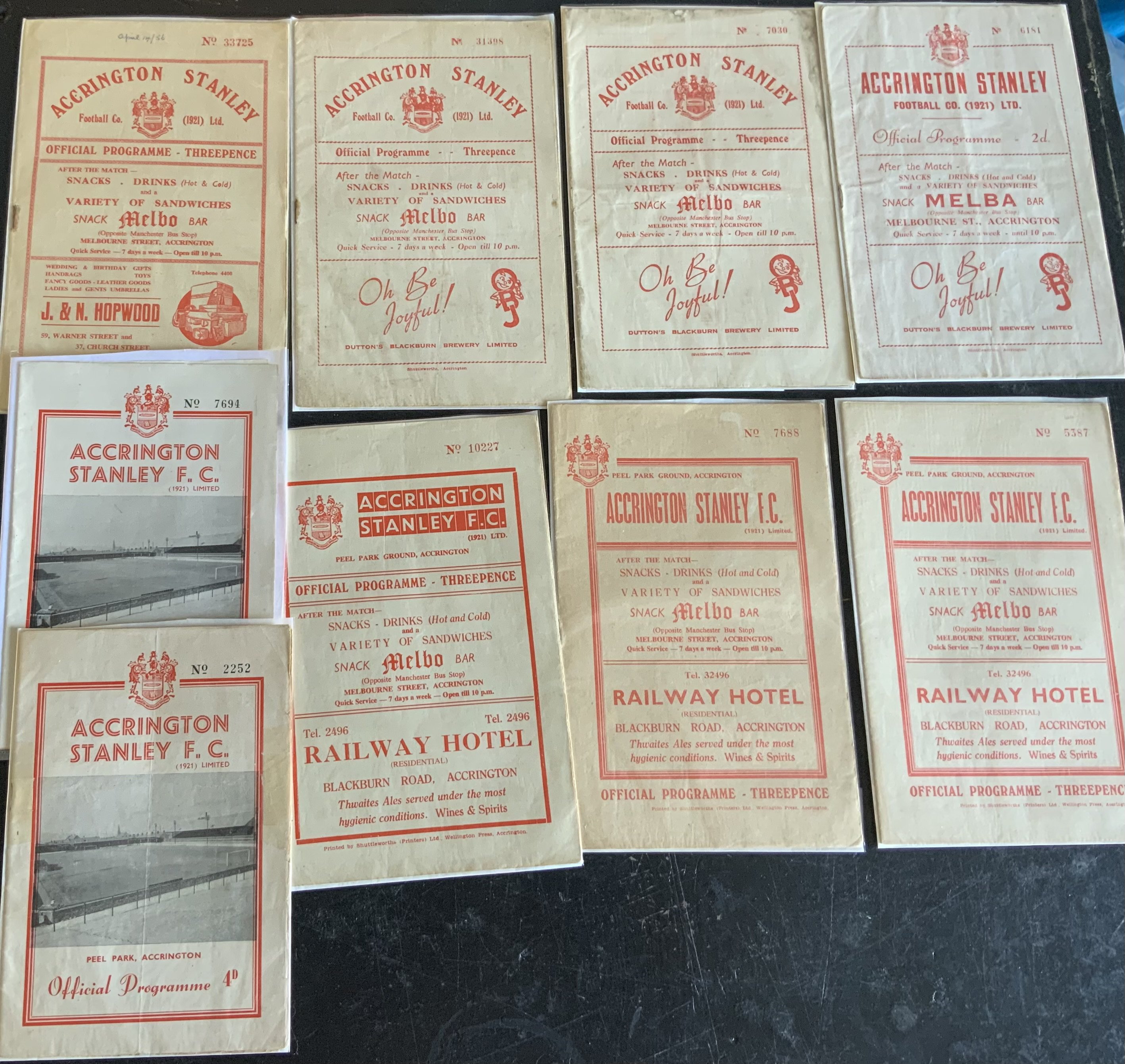 Accrington Stanley Football Programme Collection: Small collection from their League days 5 x 1950s and 4 x 1960s. Contains three v Crewe 1953/4, 1955/6 and 1960/1 as well as two from their expunged 1961/2 season Barrow and Bradford City (Last issue), three are in mint condition, other faults mostly minor. (9)