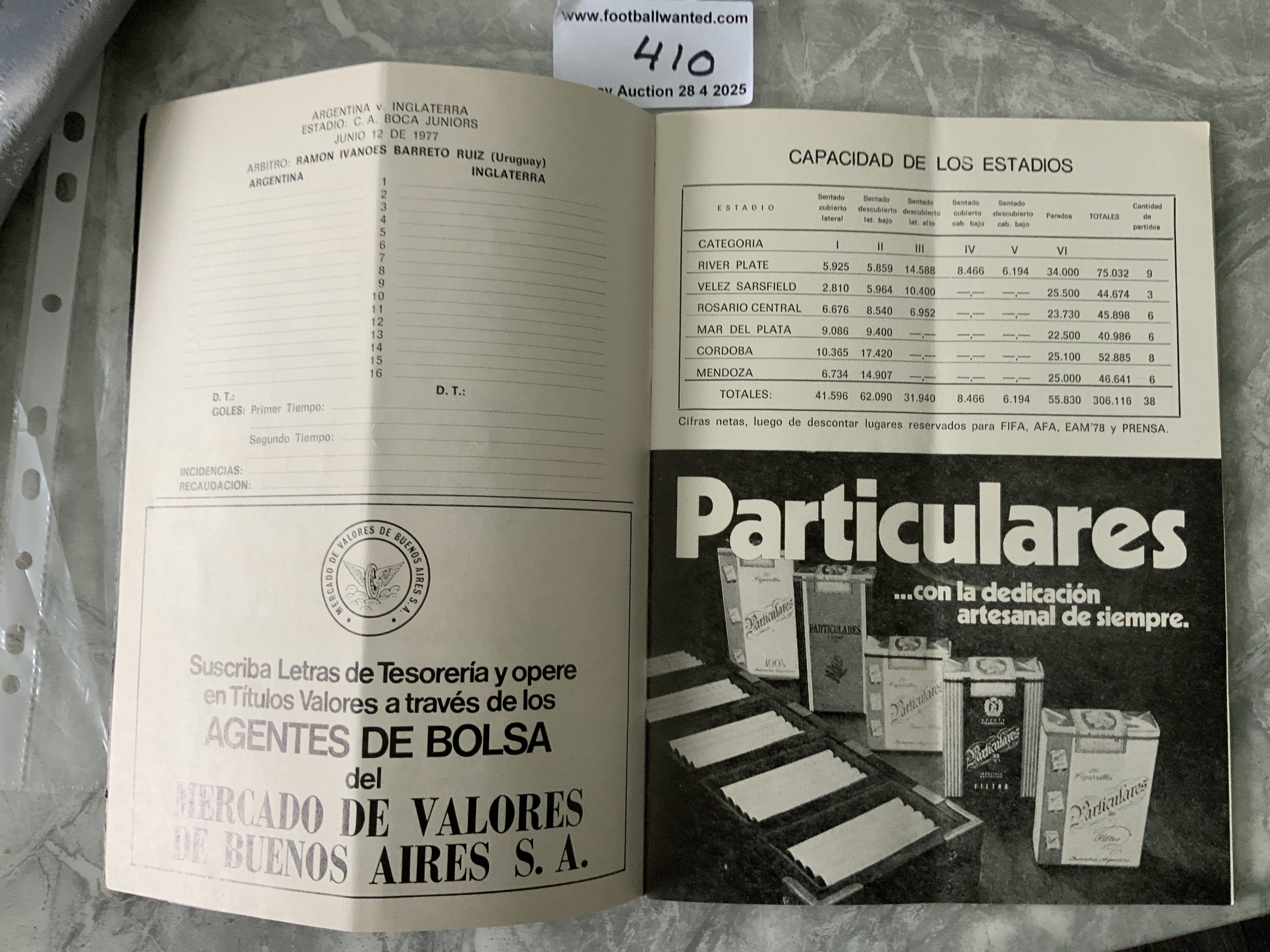 1977 Argentina v Scotland + England Football Programme: Friendlies played in June 1977 which was a dress rehearsal for forthcoming World Cup tournament. Covers all of Argentinas matches v France Yugoslavia Scotland England Poland and East + West Germany. 48 page tournament programme has fold and small tear at top of spine but no writing. Please note there were also individual programmes for matches which are not included.