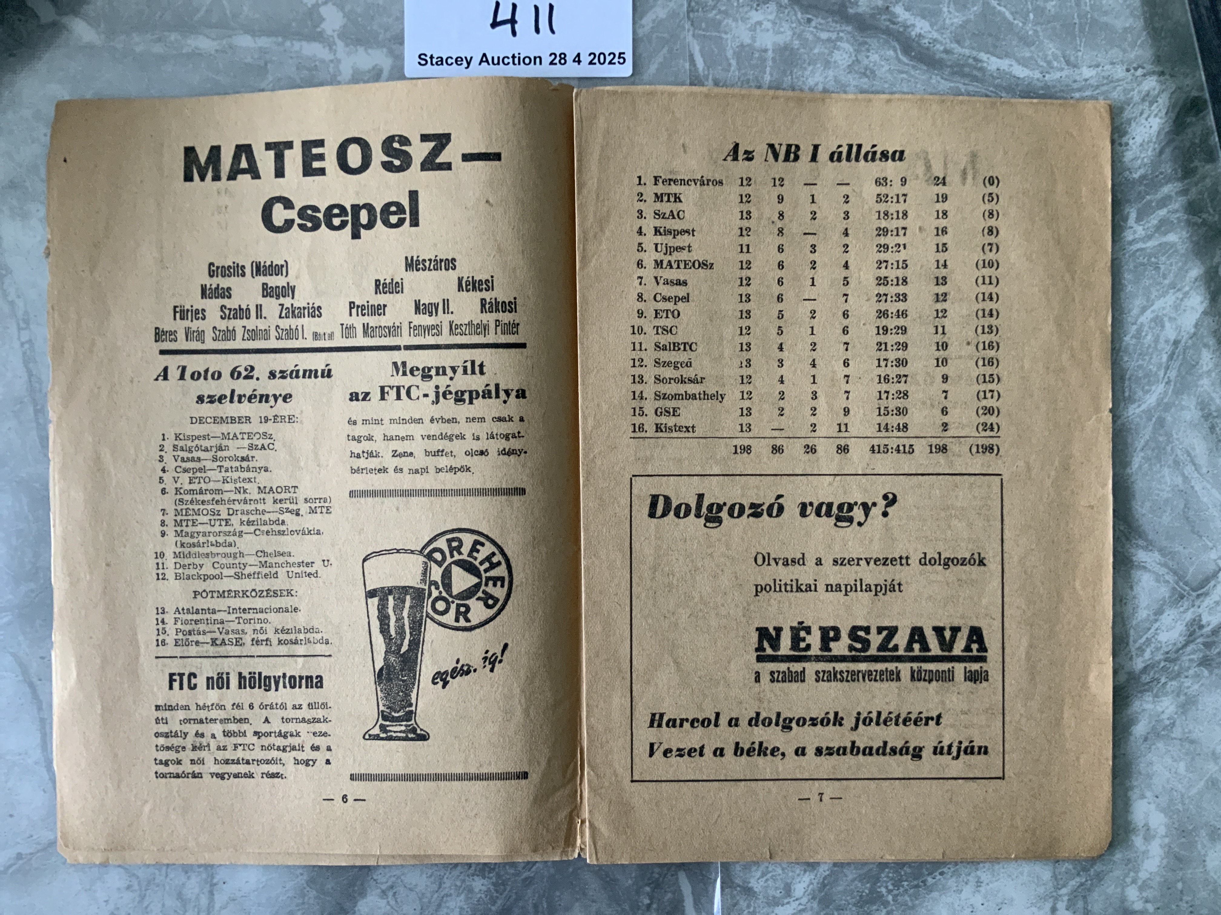 1948 Hungarian Football Programme: 16 page programme dated 12 December 1948 appears to cover 3 matches. Szac v Tatabanya, Mateosz v Meszaros and MTK v FTC. Fair/good condition with no writing. Instructions to sell.