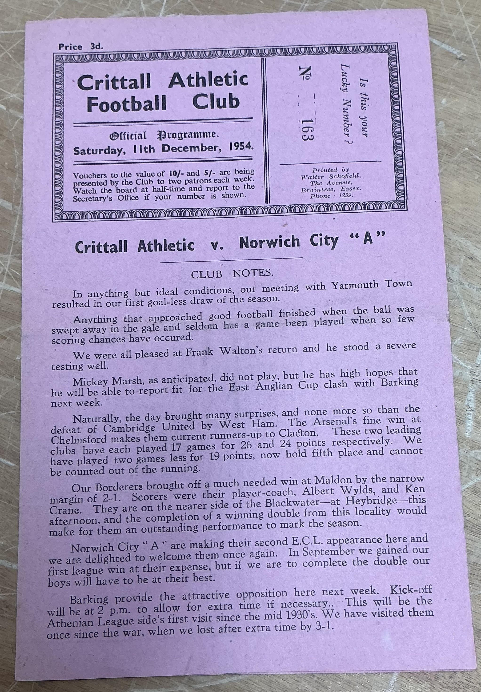 54/55 Crittall v Norwich City A Football Programme: Eastern Counties League 4 pager with team changes dated 11 12 1954. Very good with fold.