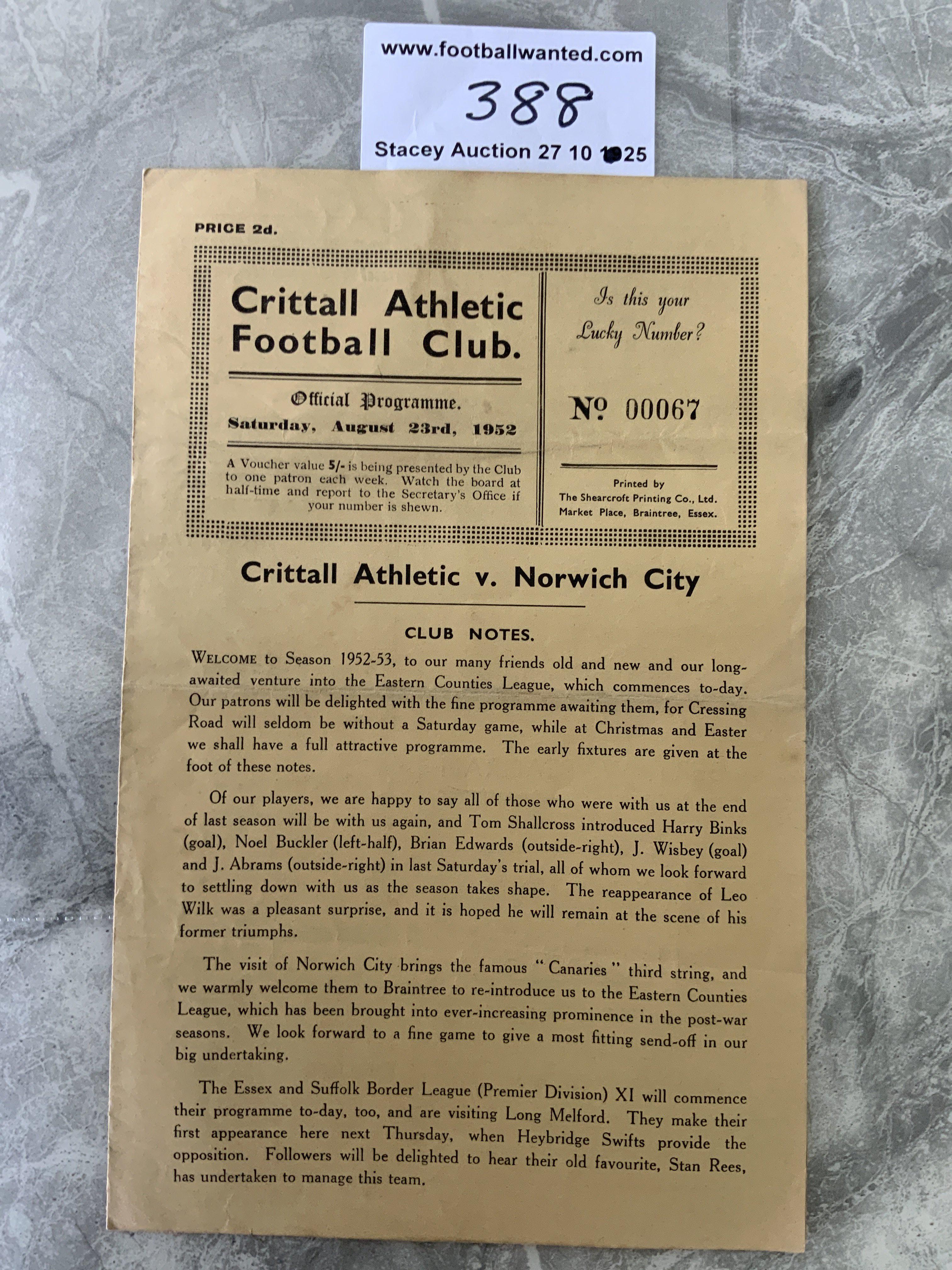 52/53 Crittall v Norwich City A Football Programme: Eastern Counties League 4 pager with team changes dated 23 8 1952. Very good.